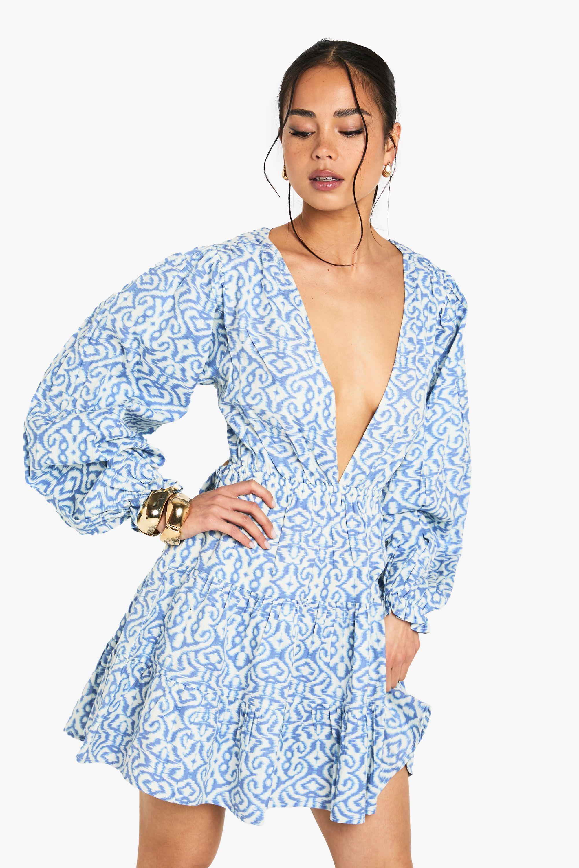 Printed Linen Look Plunge Long Sleeve Mini Dress by BOOHOO