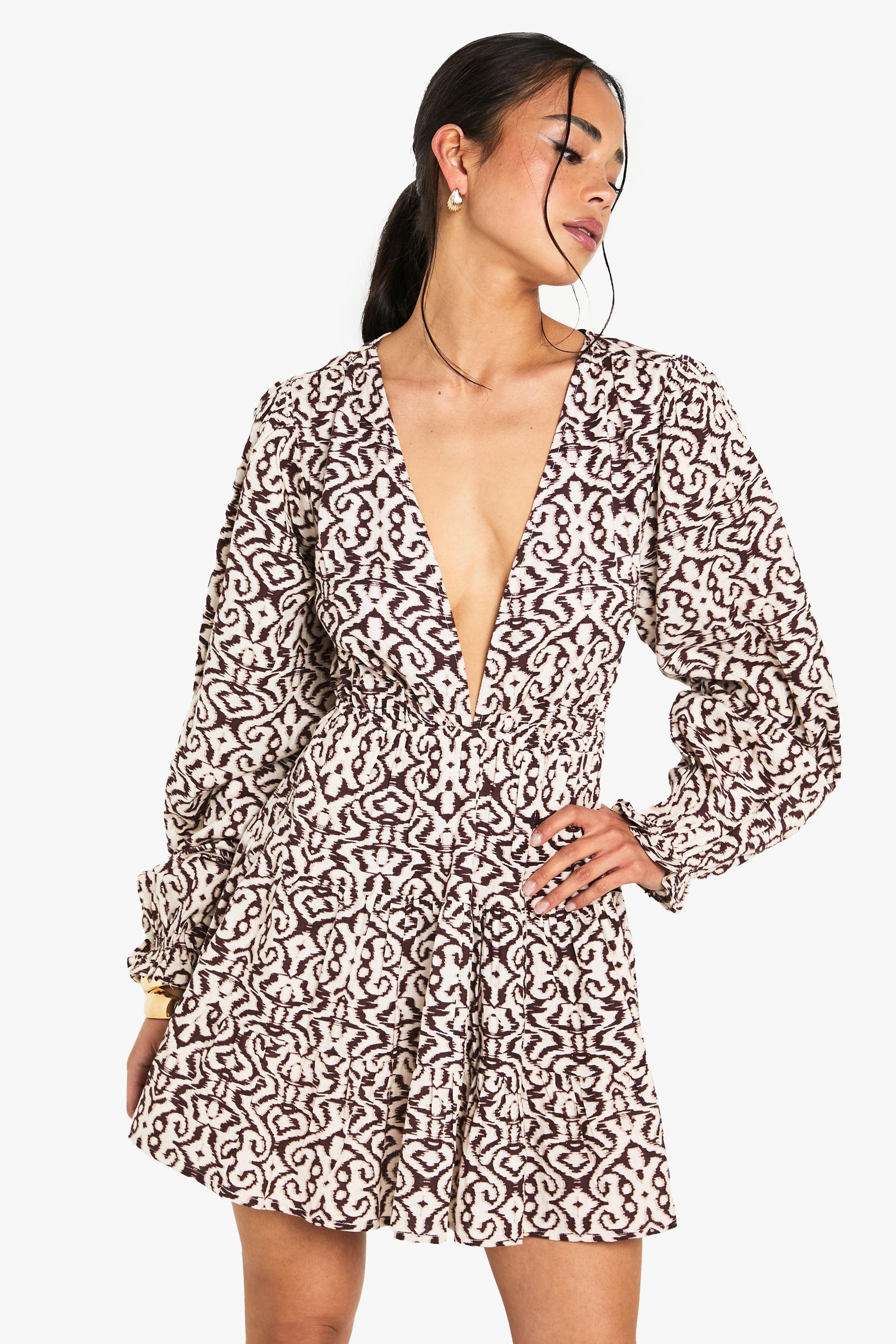Printed Linen Look Plunge Long Sleeve Mini Dress by BOOHOO