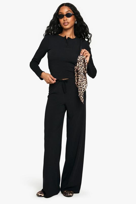 RIB BUTTON UP LONG SLEEVE CROP TOP AND DRAWSTRING TROUSER SET by BOOHOO