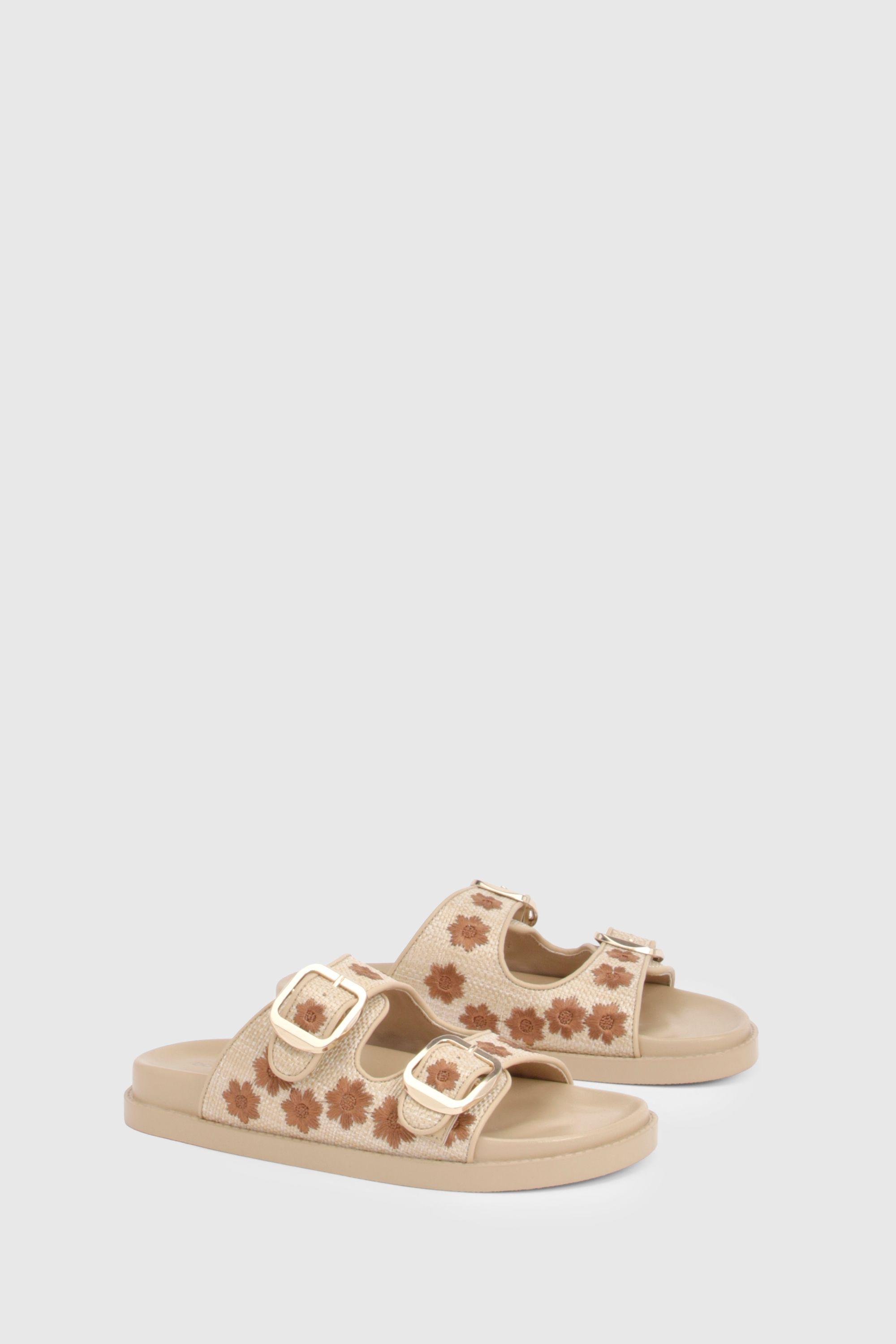 Raffia Flower Double Buckle Sliders by BOOHOO
