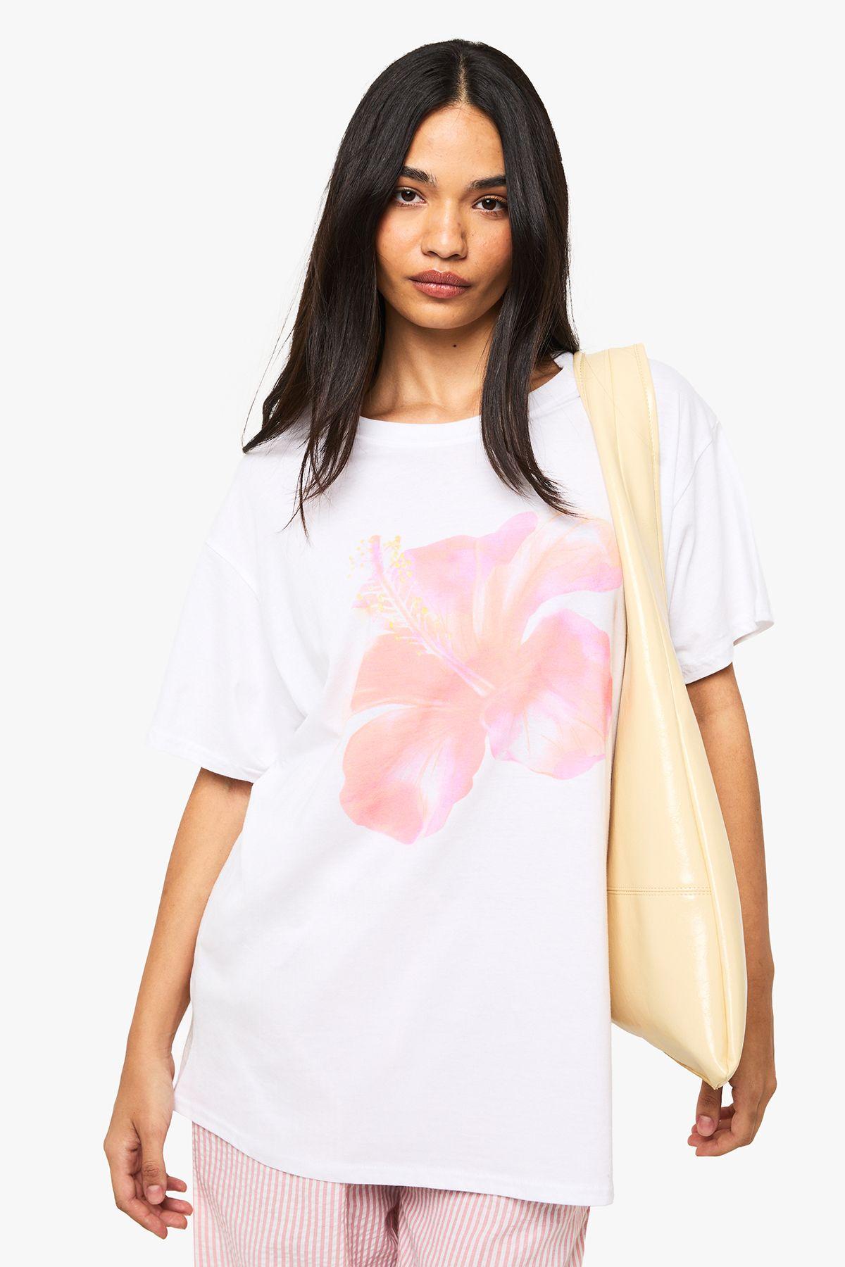 Red Hibiscus Flower Printed T-Shirt by BOOHOO
