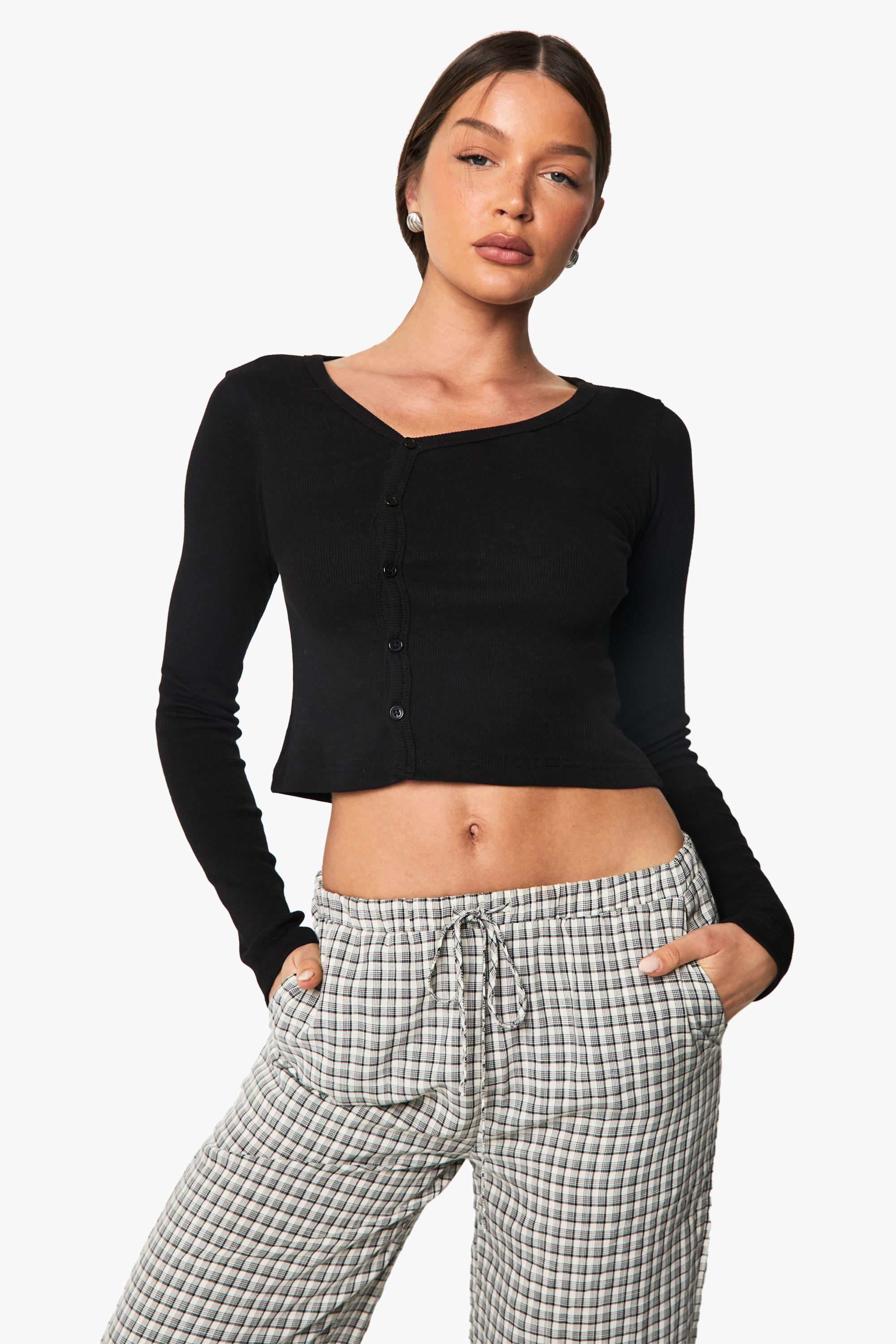 Rib Asymetric Neckline Long Sleeve Top by BOOHOO