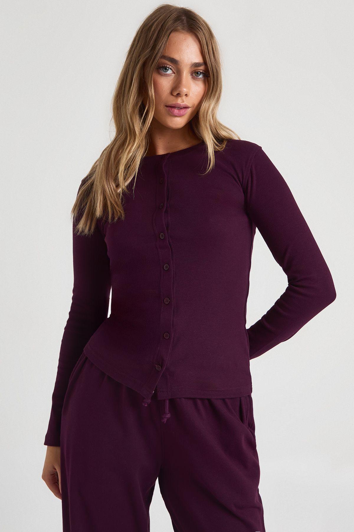 Rib Button Through Long Sleeve Top by BOOHOO