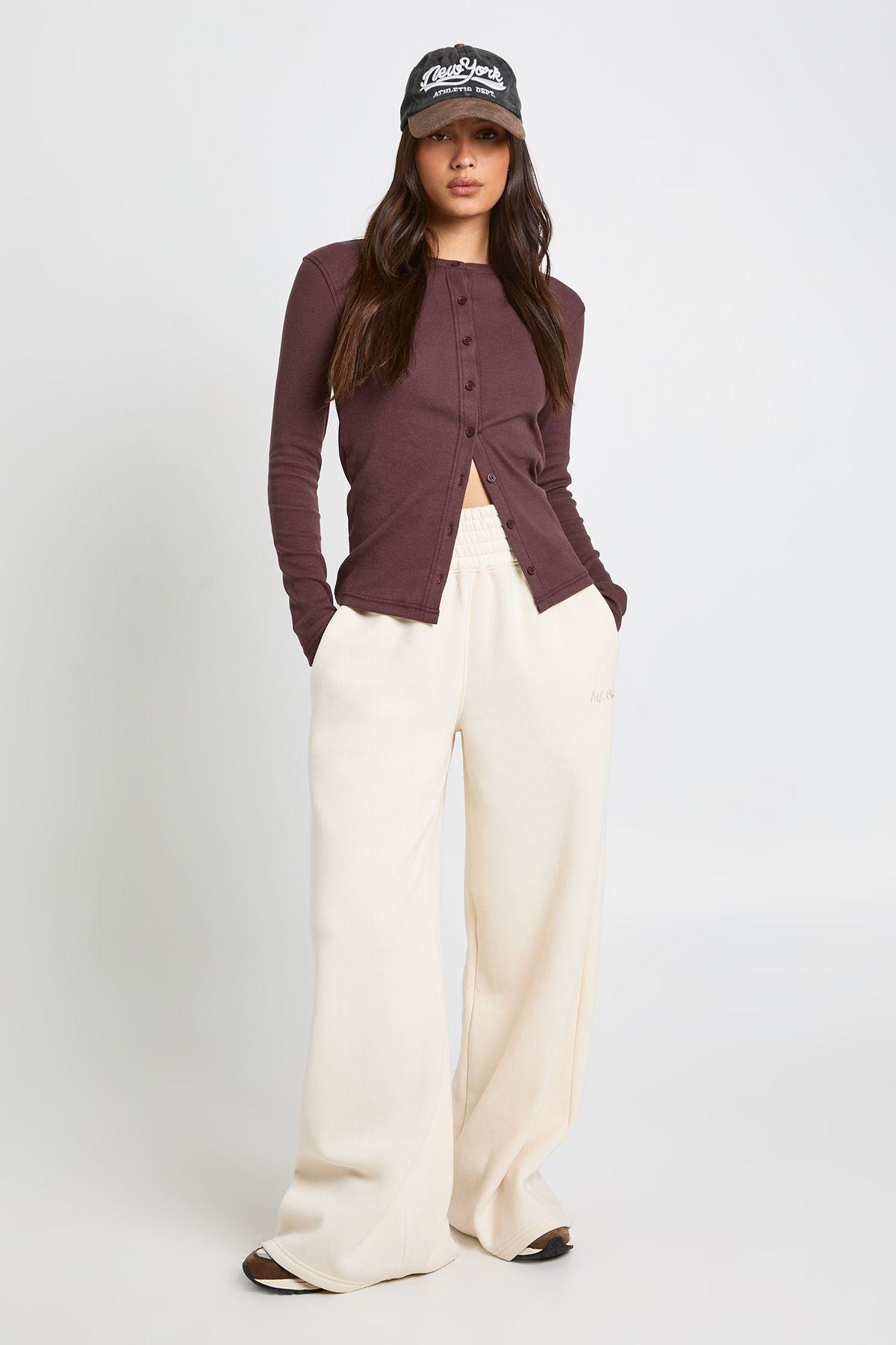 Rib Button Through Long Sleeve Top by BOOHOO