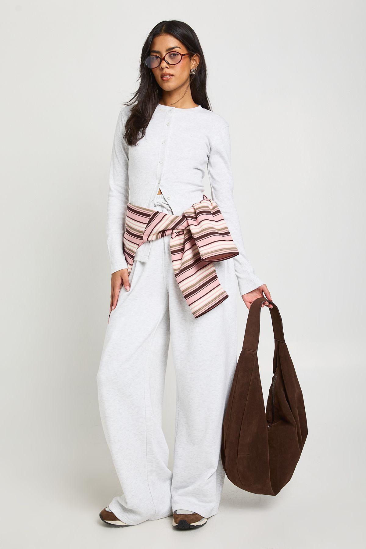 Rib Button Through Long Sleeve Top Tracksuit by BOOHOO