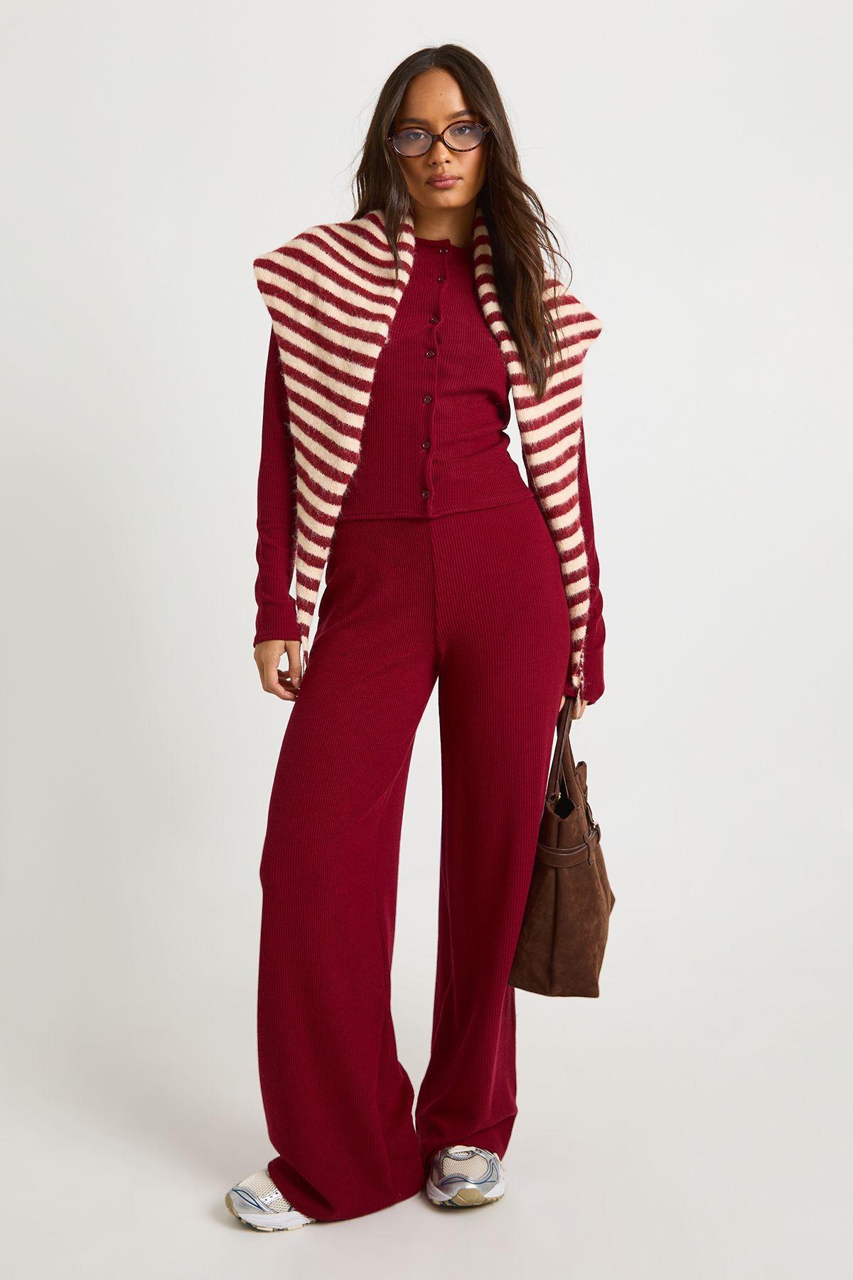 Rib Button Through Long Sleeve Top and Wide Leg Trouser Co-ord by BOOHOO