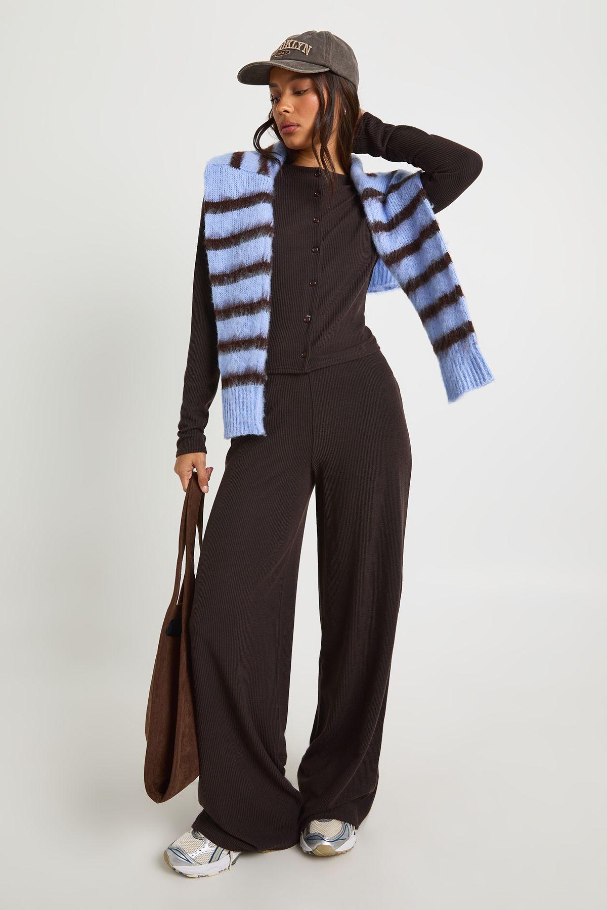 Rib Button Through Long Sleeve Top and Wide Leg Trouser Co-ord by BOOHOO