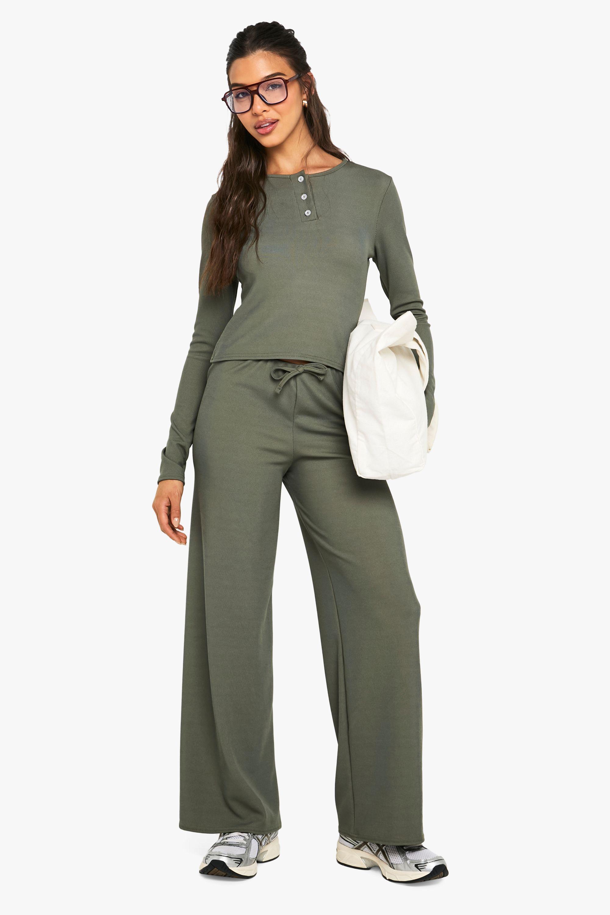 Rib Button Up Long Sleeve Crop Top And Drawstring Trouser Set by BOOHOO