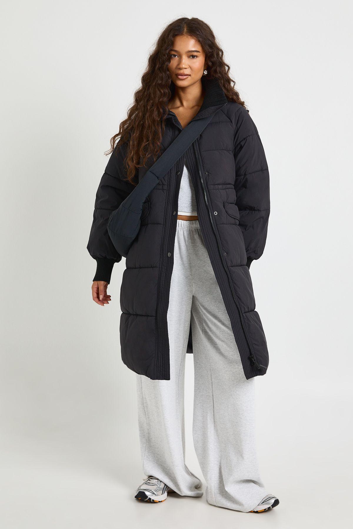 Rib Collar Detail Longline Puffer Coat by BOOHOO