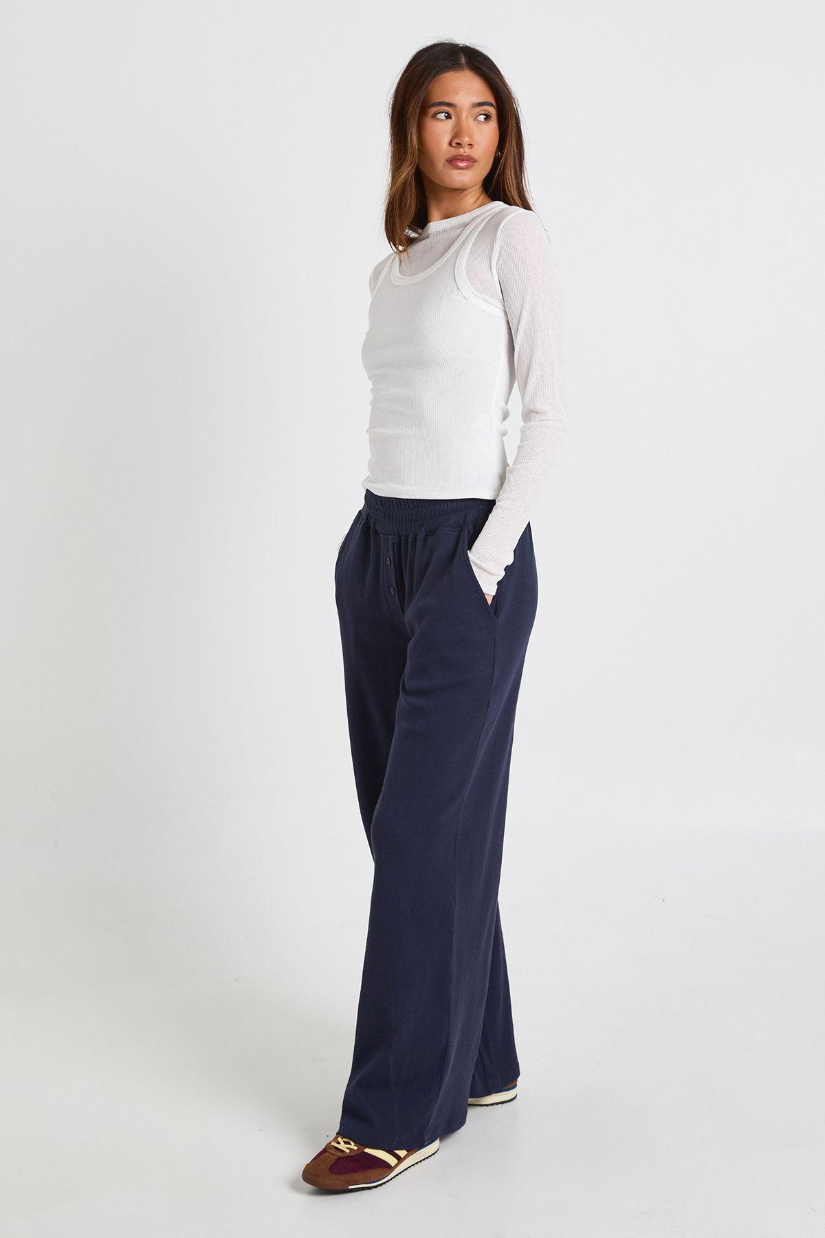 Rib Deep Waistband Wide Leg Trouser by BOOHOO