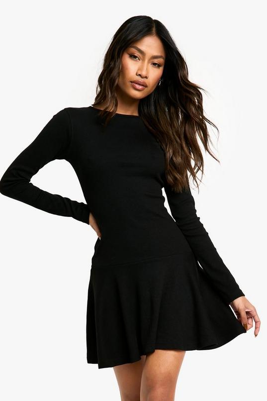 Rib Dropped Hem Skater Dress by BOOHOO
