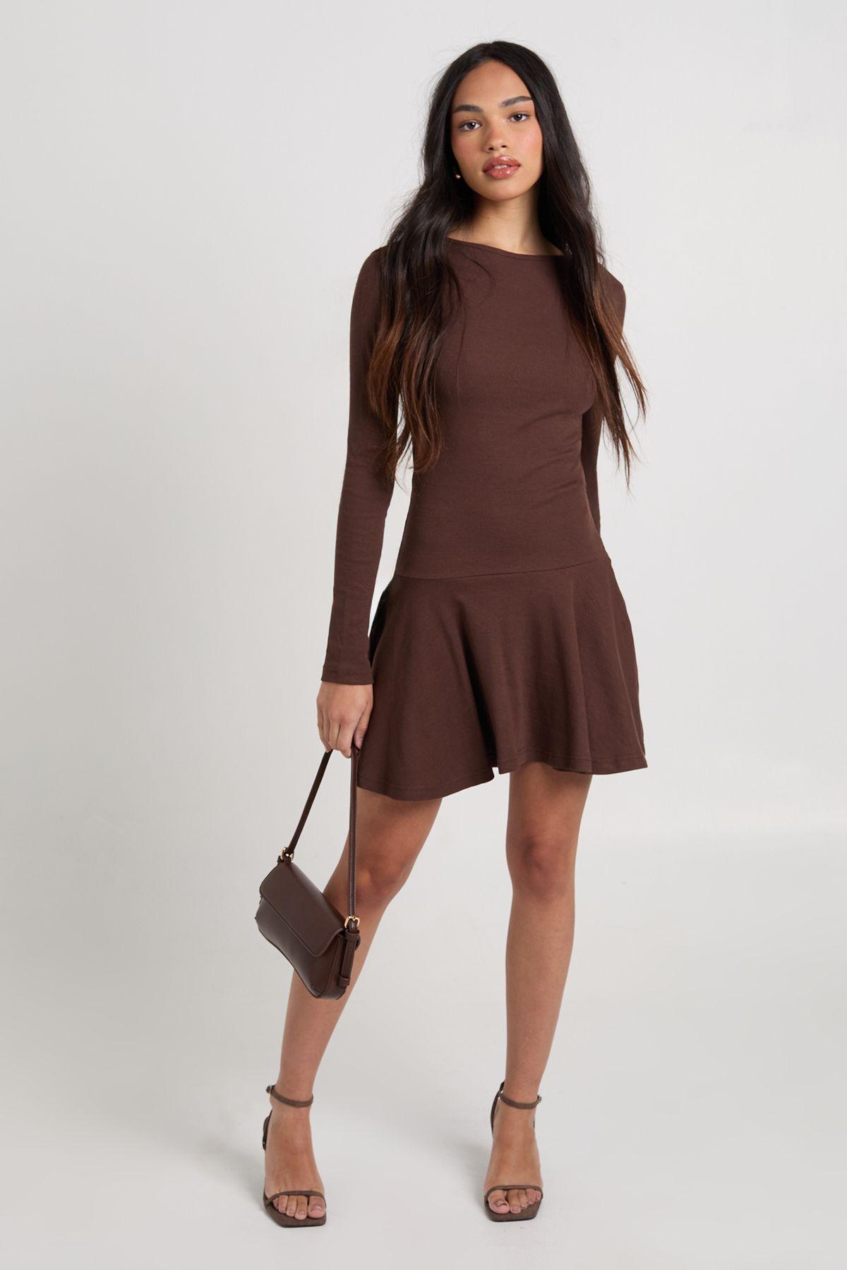 Rib Dropped Hem Skater Dress by BOOHOO
