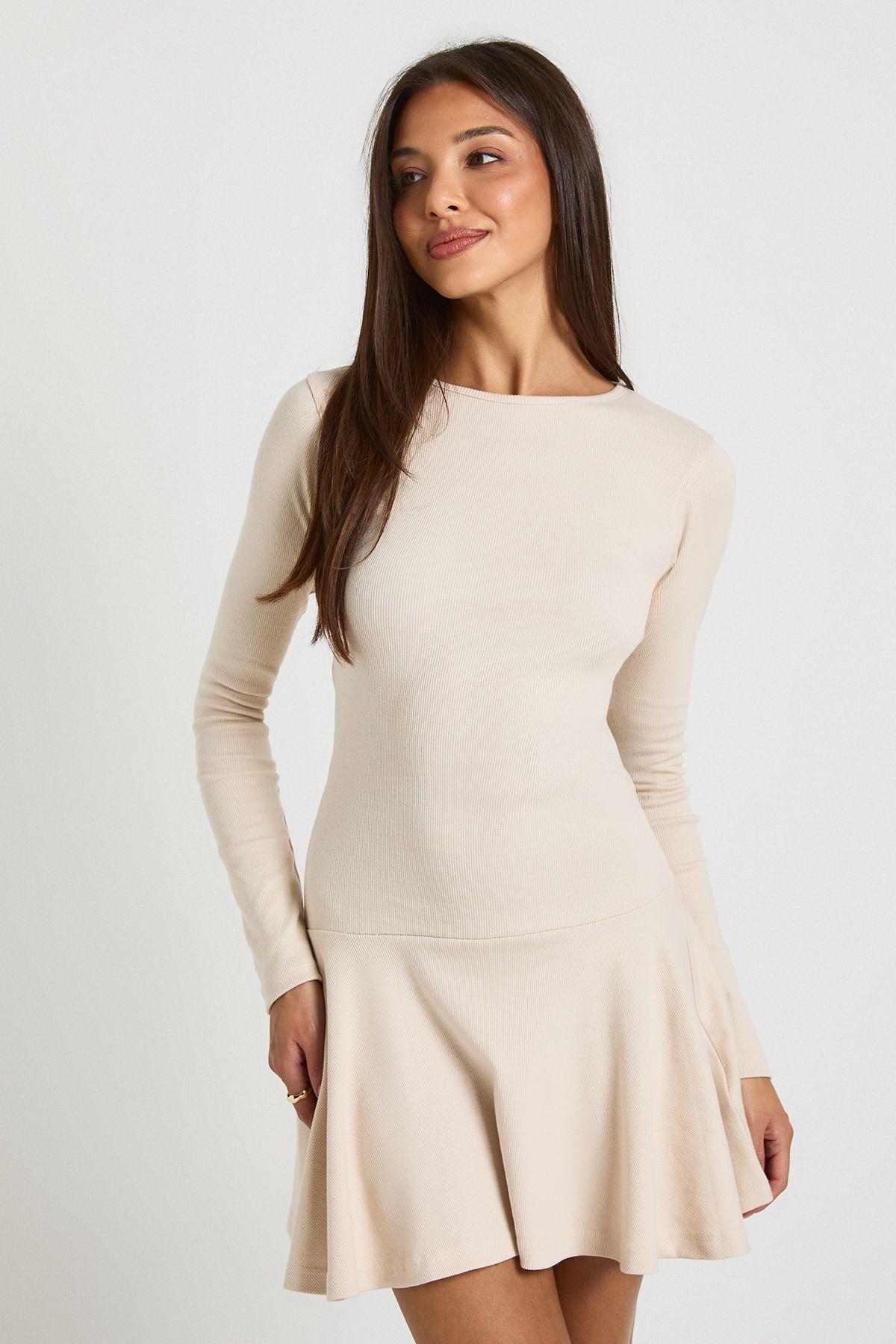 Rib Dropped Hem Skater Dress by BOOHOO