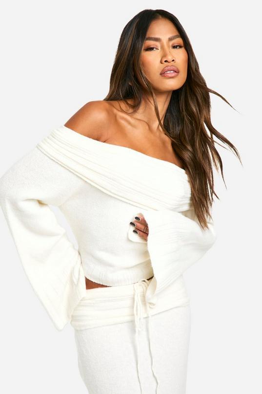 Rib Edge Soft Knit Bardot Jumper by BOOHOO