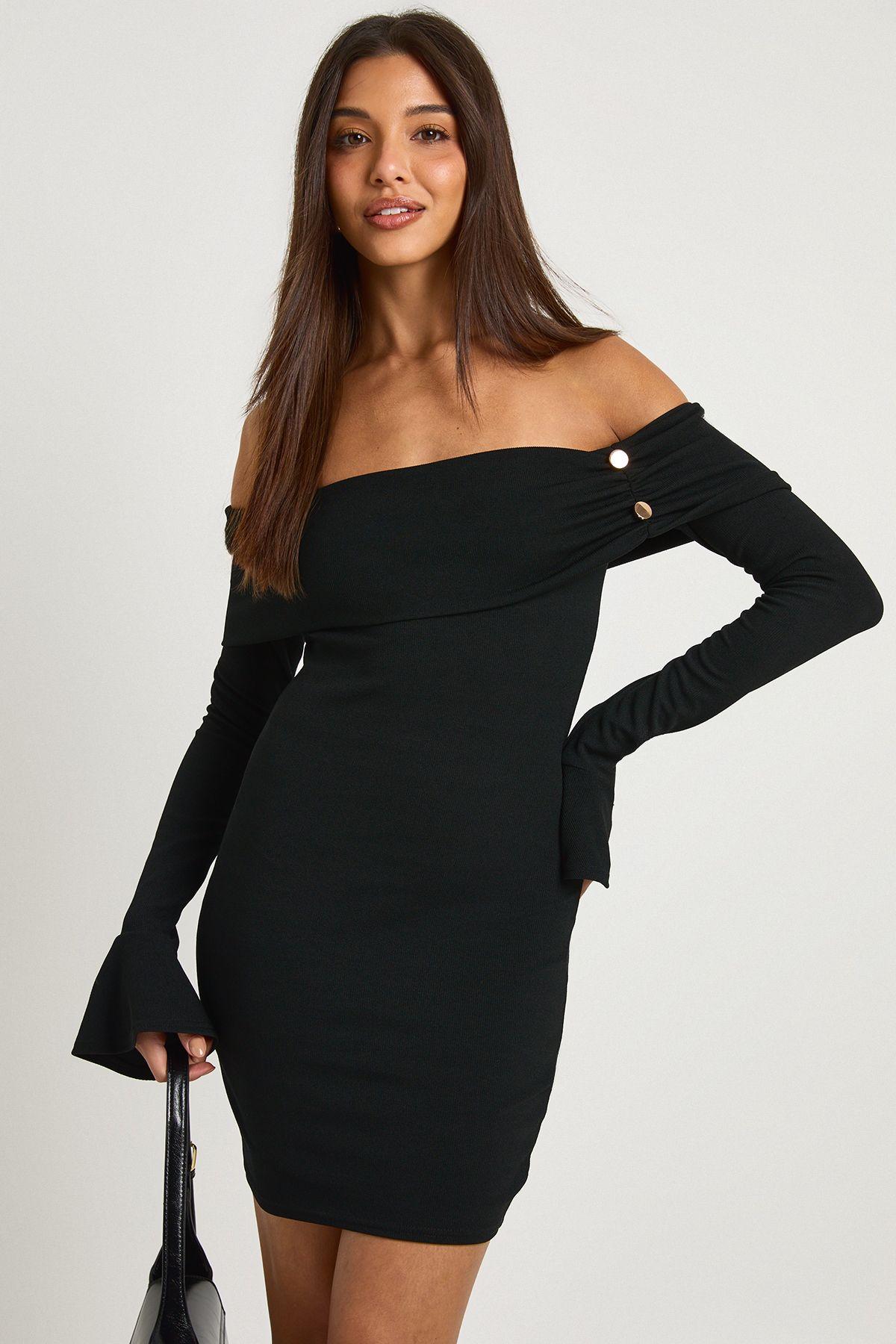 Rib Gold Button Detail Bardot Mini Dress by BOOHOO Rib Gold Button Detail Bardot Mini Dress by BOOHOO