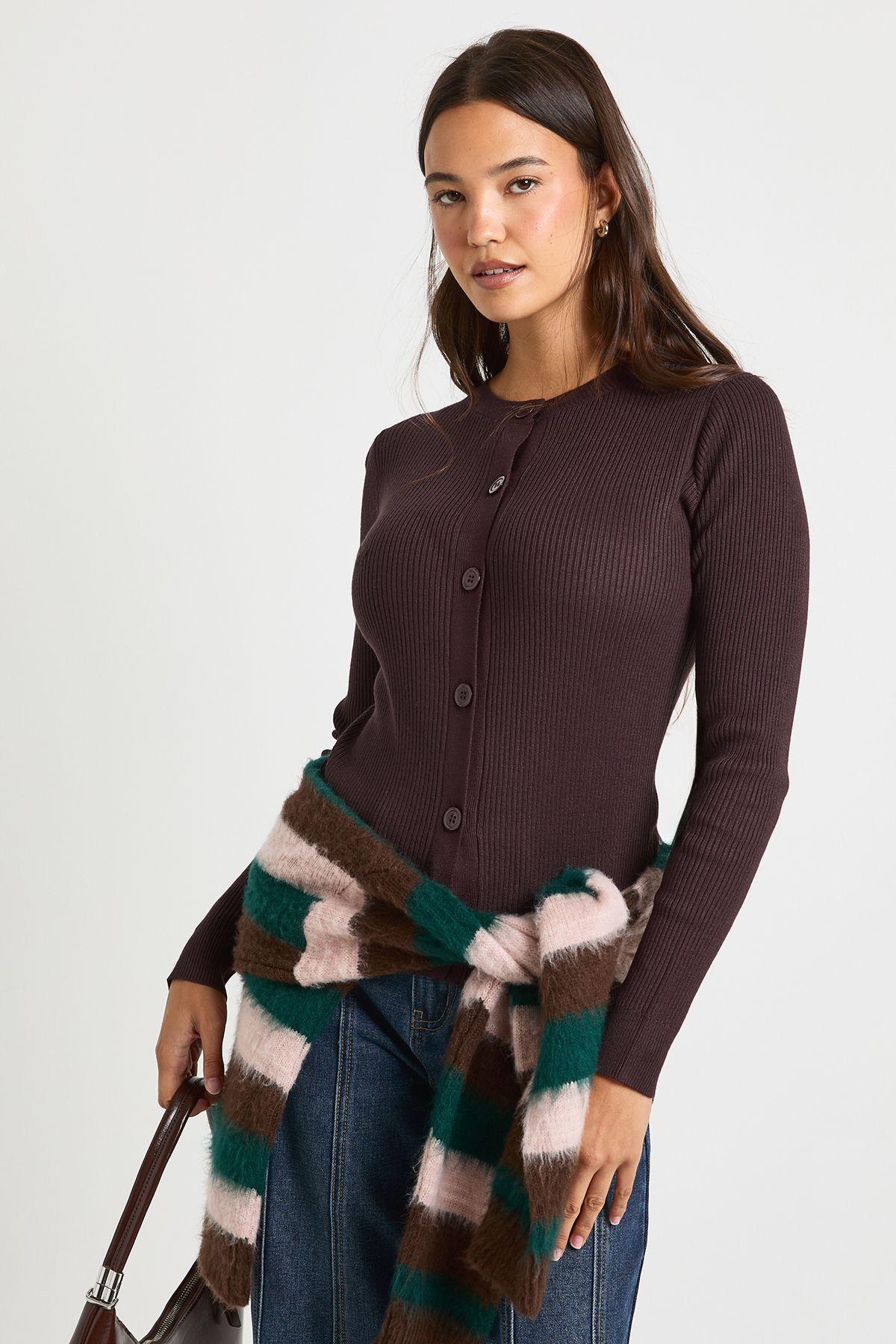 Rib Knit High Neck Button Down Knitted Cardigan by BOOHOO