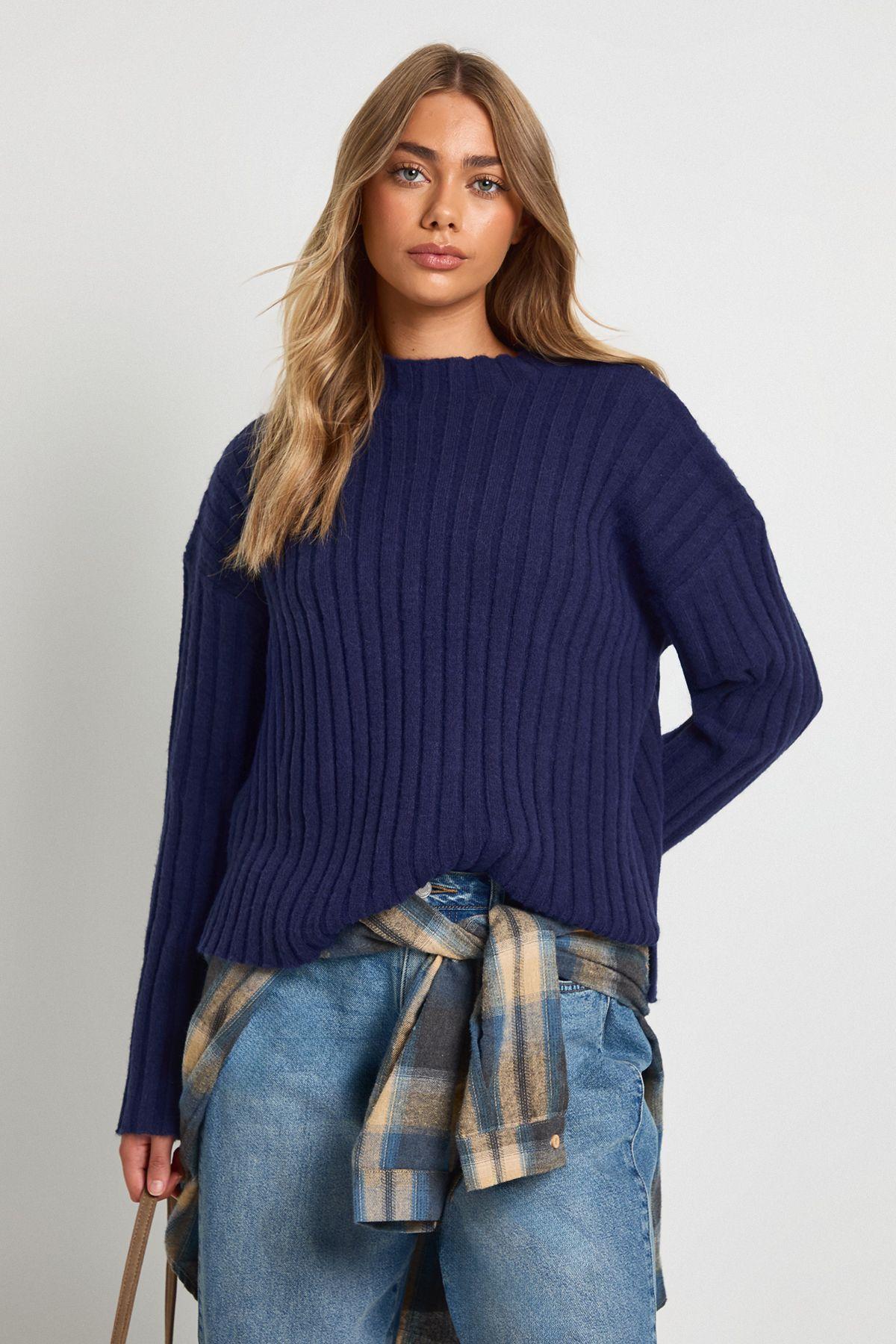 Rib Knit High Neck Longline Jumper by BOOHOO