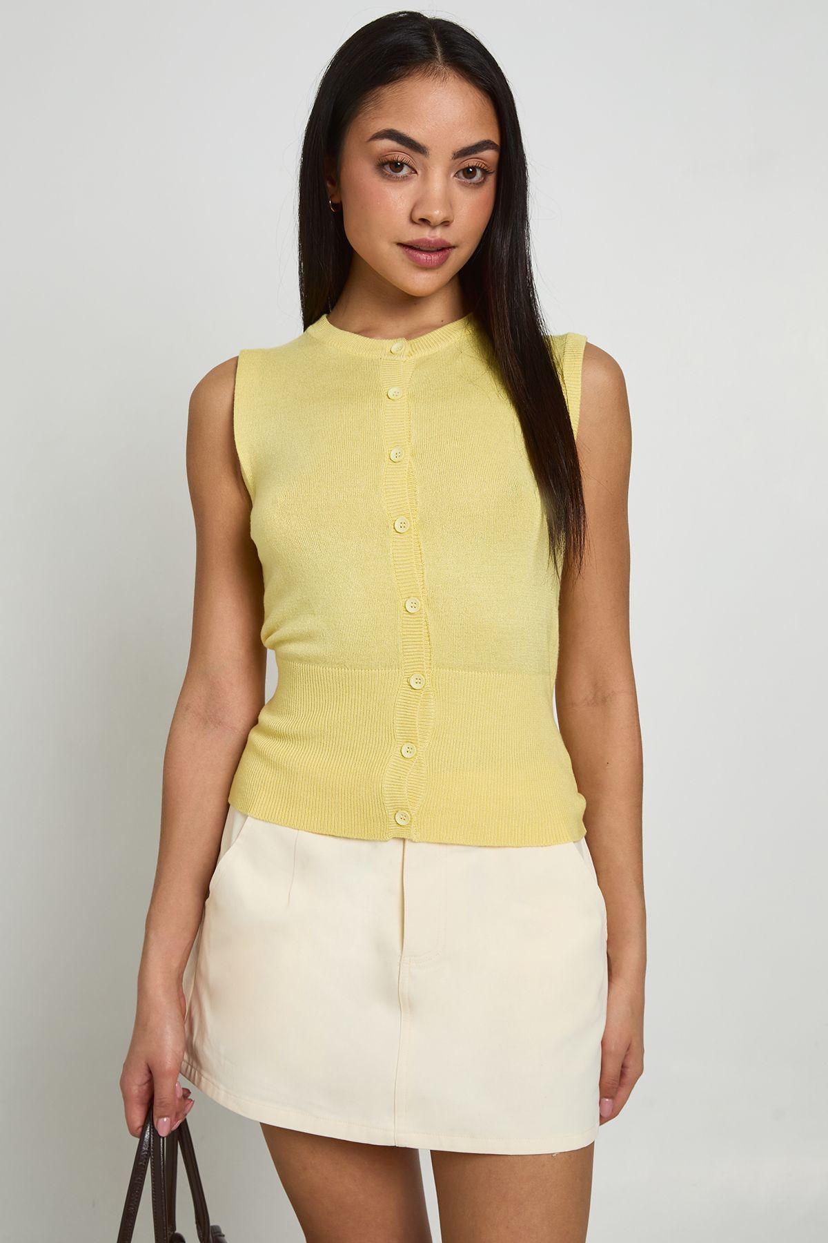 Rib Knitted Button Through Cinched Hem Top by BOOHOO