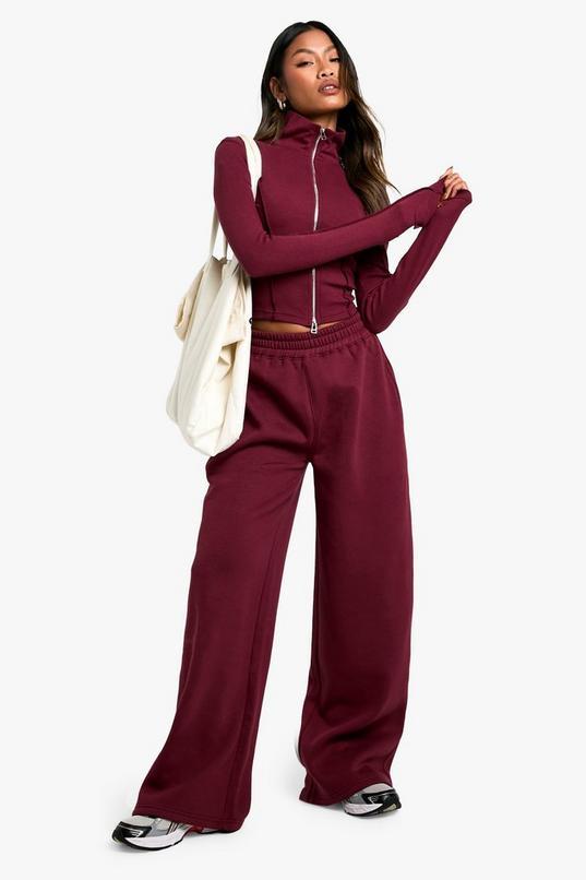 Rib Seam Detail Double Zip Top And Straight Leg Jogger Set by BOOHOO