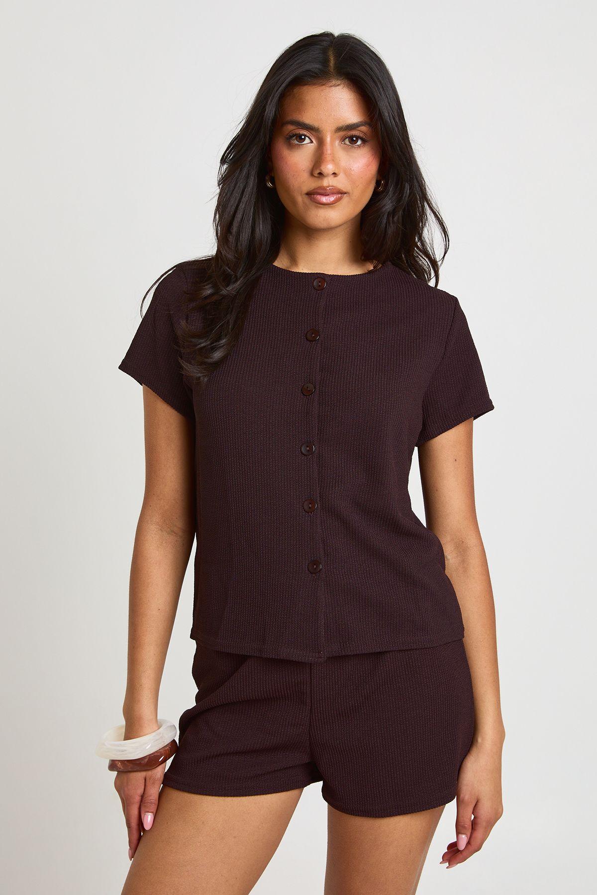 Rib Short Sleeve Button Through Top And Short Set by BOOHOO