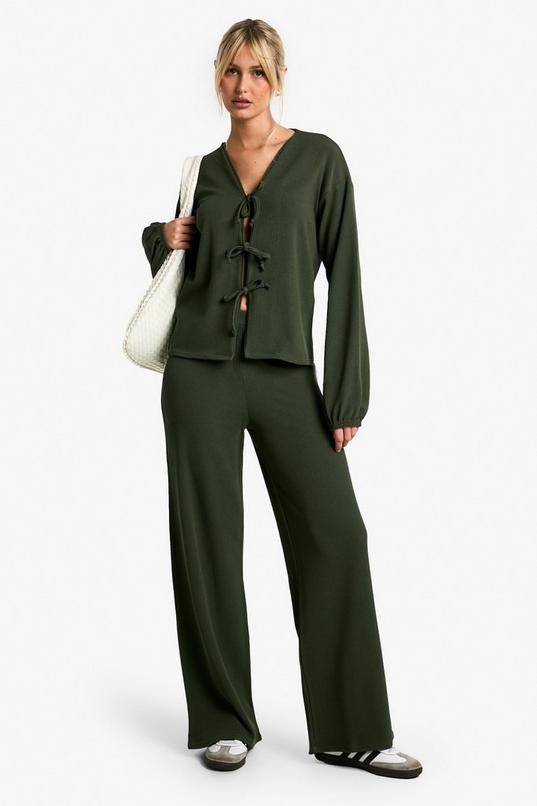 Rib Tie Front Blouse and Trouser Co-ord by BOOHOO