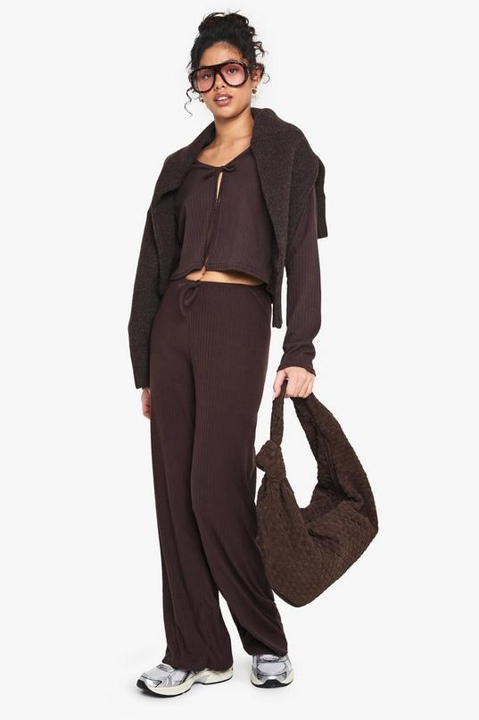 Rib Tie Front Long Sleeve Top And Drawstring Straight Leg Trouser Set by BOOHOO