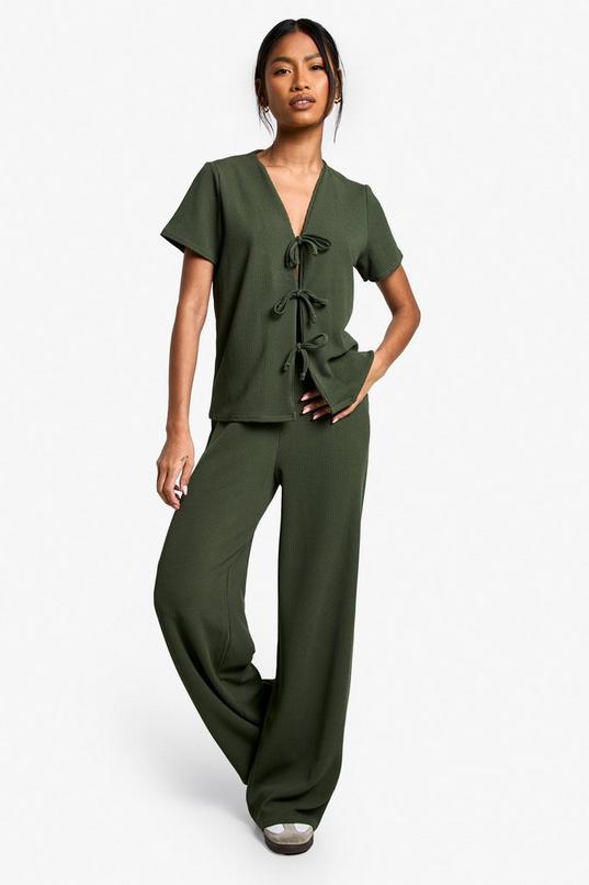 Rib Tie Front Short Sleeve Top and Trouser Co-ord by BOOHOO