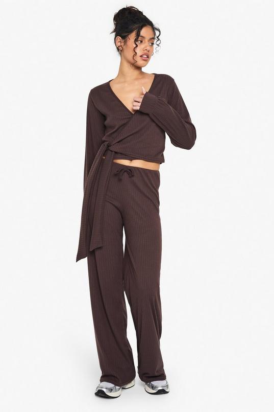 Rib Wrap Over Tie Detail Top & Trouser Set by BOOHOO