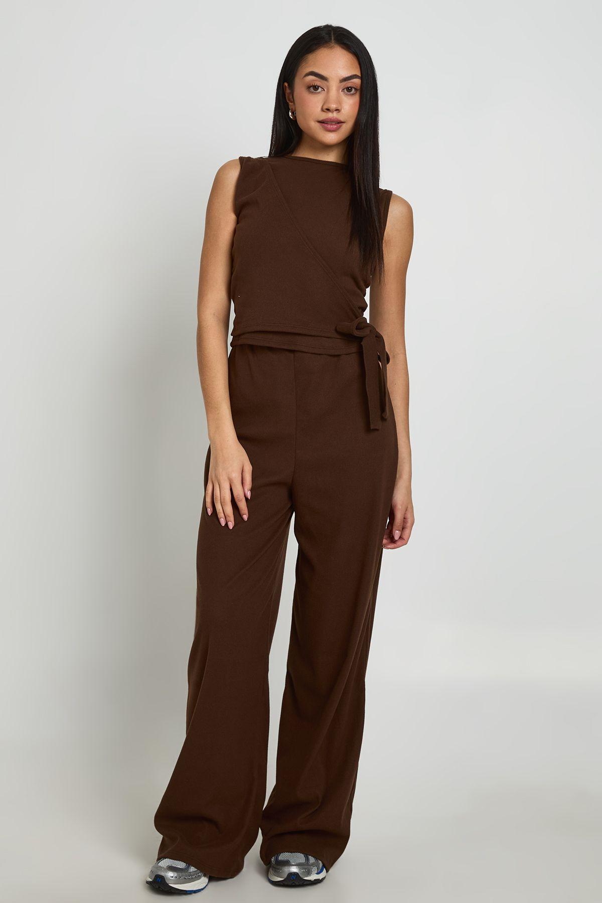 Rib Wrap Waist Wide Leg Co Ord by BOOHOO