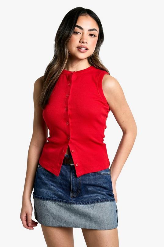Ribbed Button Front Longline Top by BOOHOO