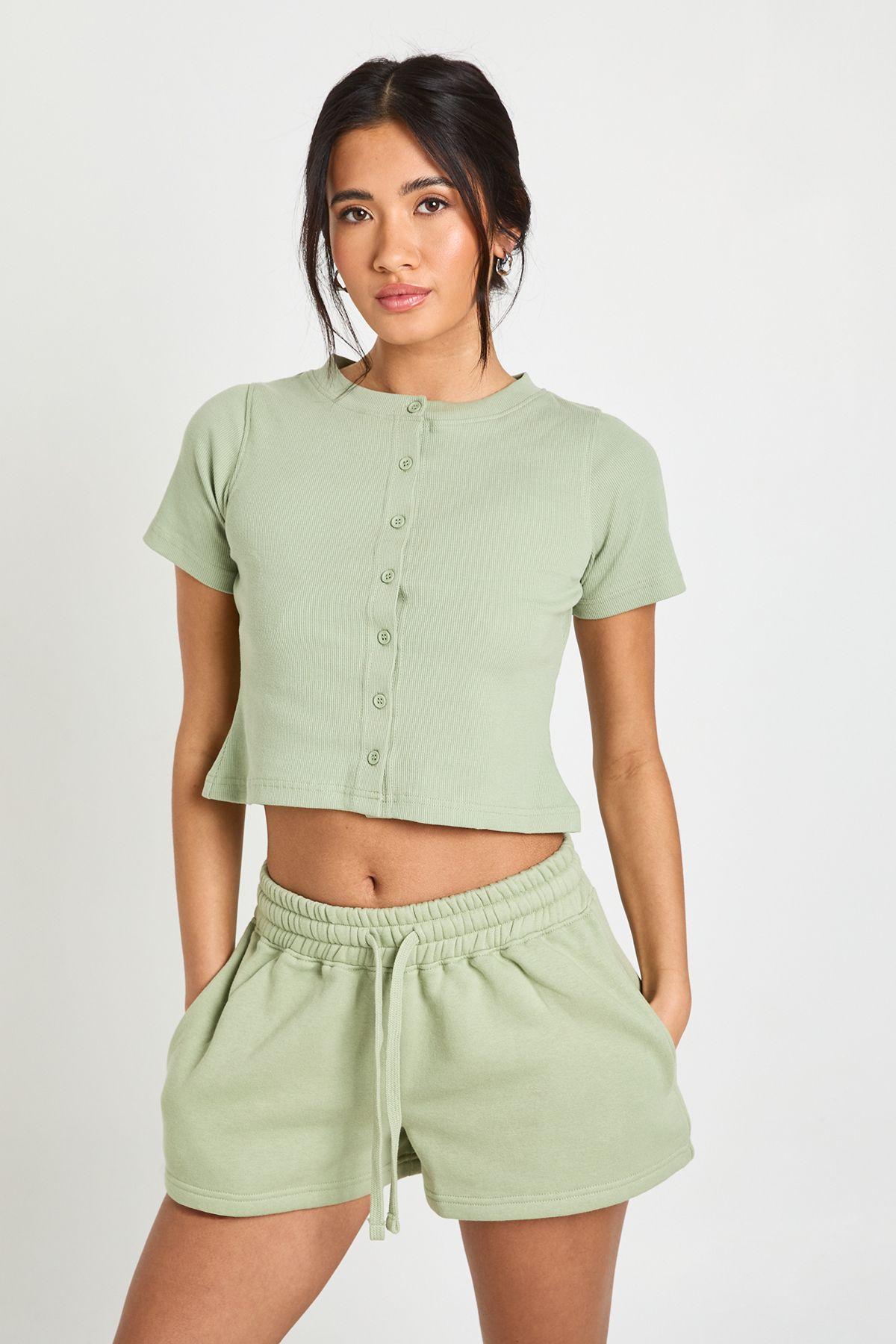 Ribbed Button Through Cap Sleeve Top And Short Tracksuit by BOOHOO
