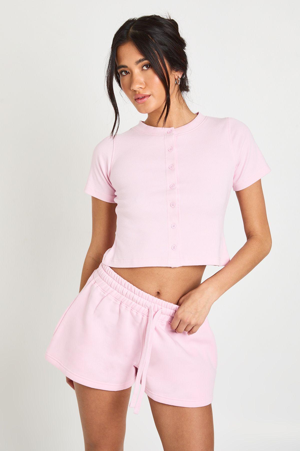 Ribbed Button Through Cap Sleeve Top And Short Tracksuit by BOOHOO