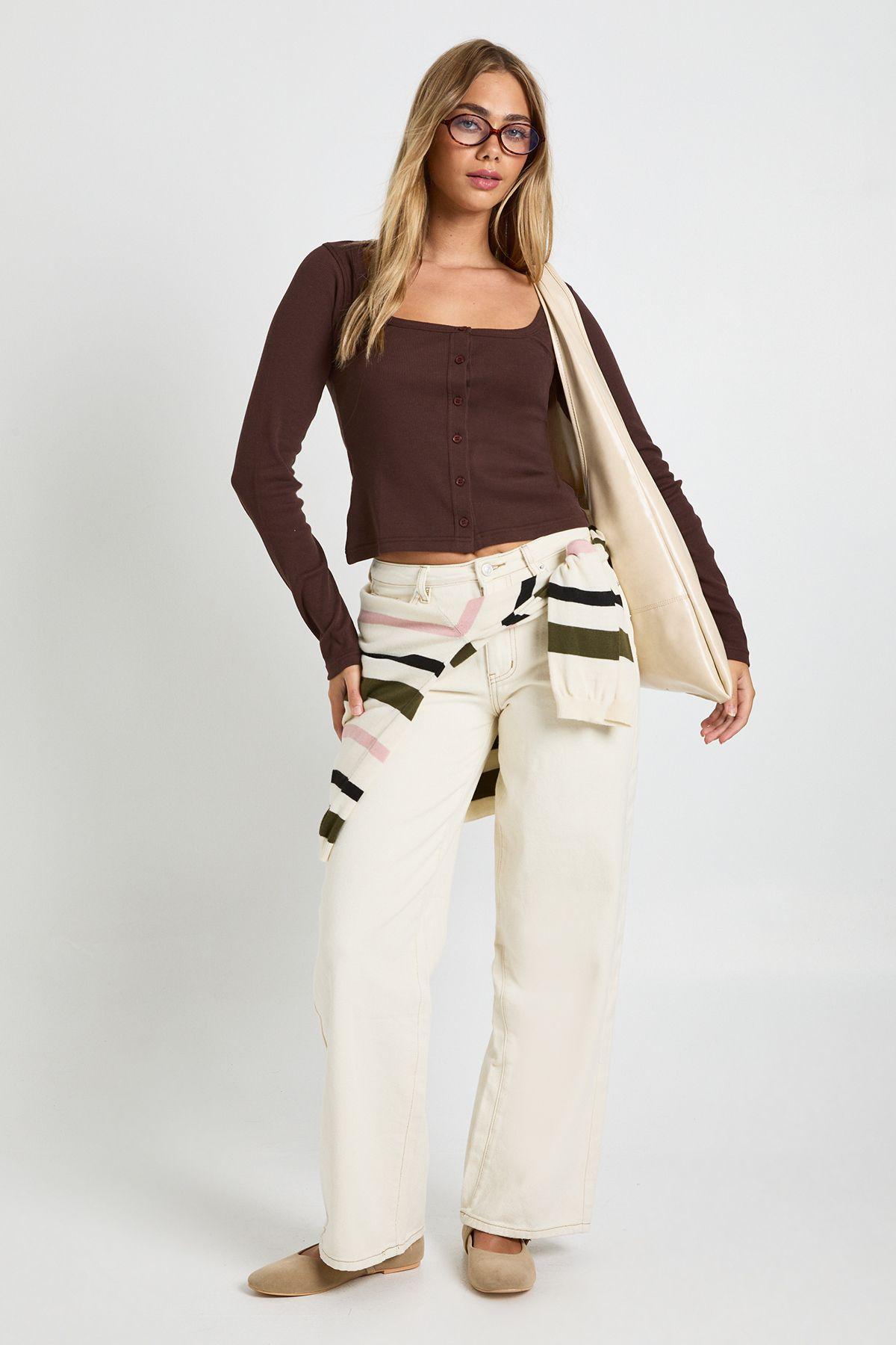 Ribbed Button Through Square Neck Long Sleeve Top by BOOHOO