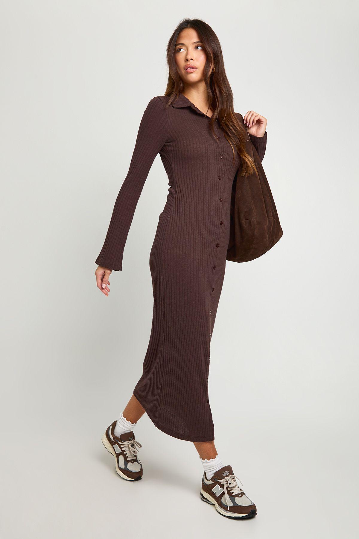 Ribbed Collared Button Down Shirt Midaxi Dress by BOOHOO