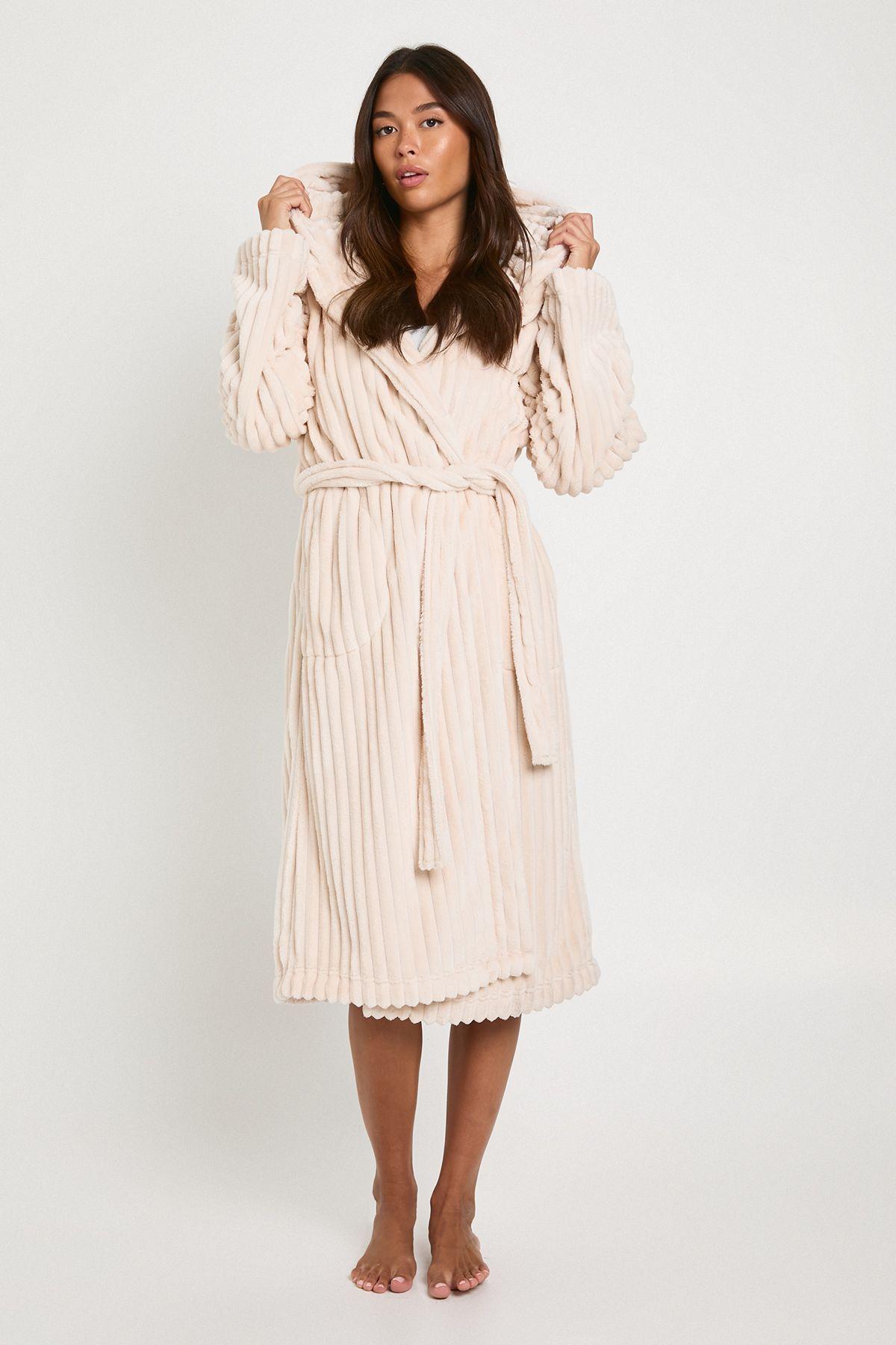 Ribbed Fleece Hooded Long Dressing Gown by BOOHOO