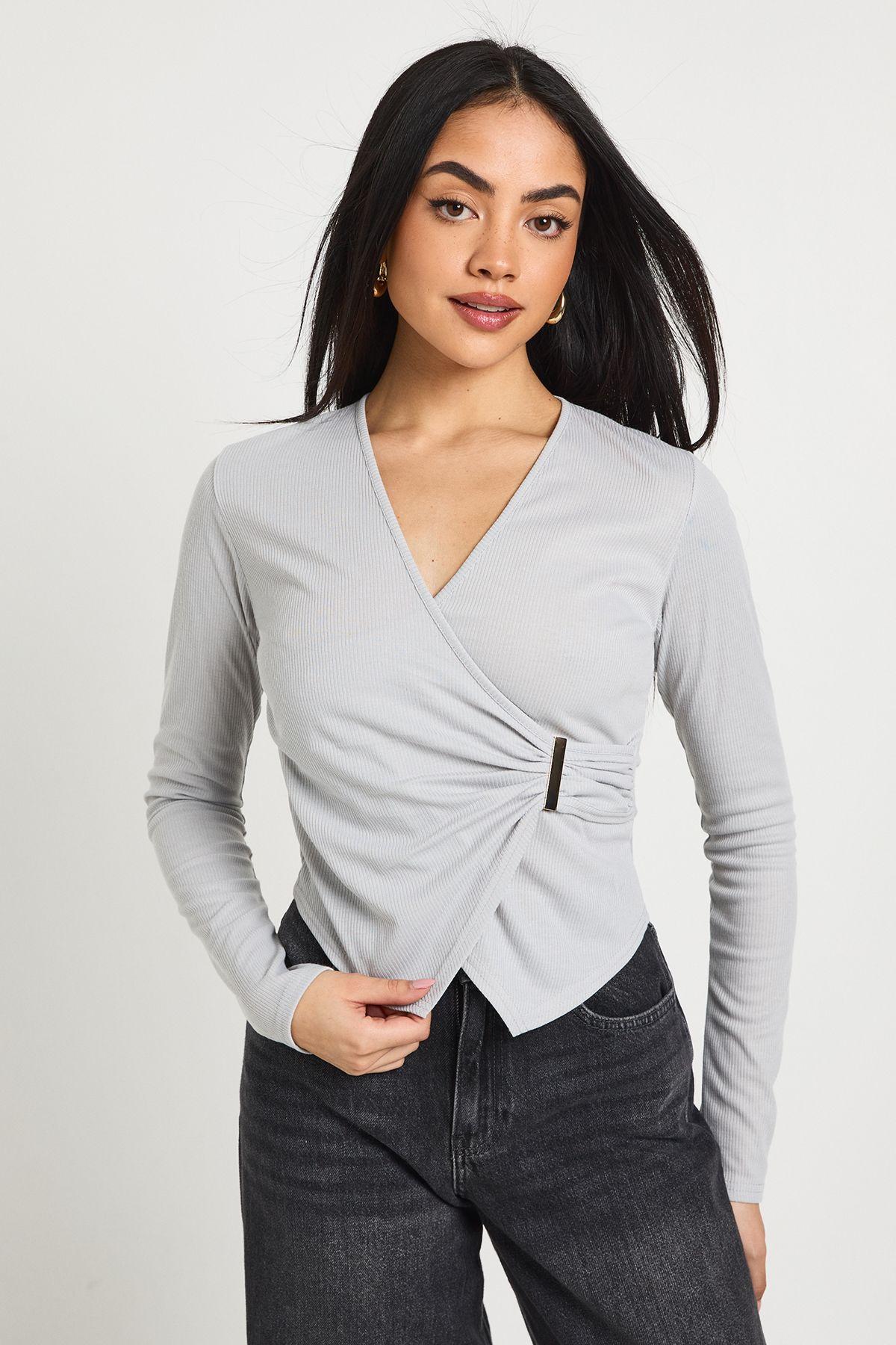 Ribbed Long Sleeve Wrap Front Top With Trim by BOOHOO