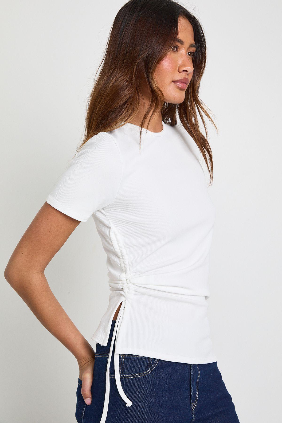 Ribbed Ruched Side T-Shirt by BOOHOO