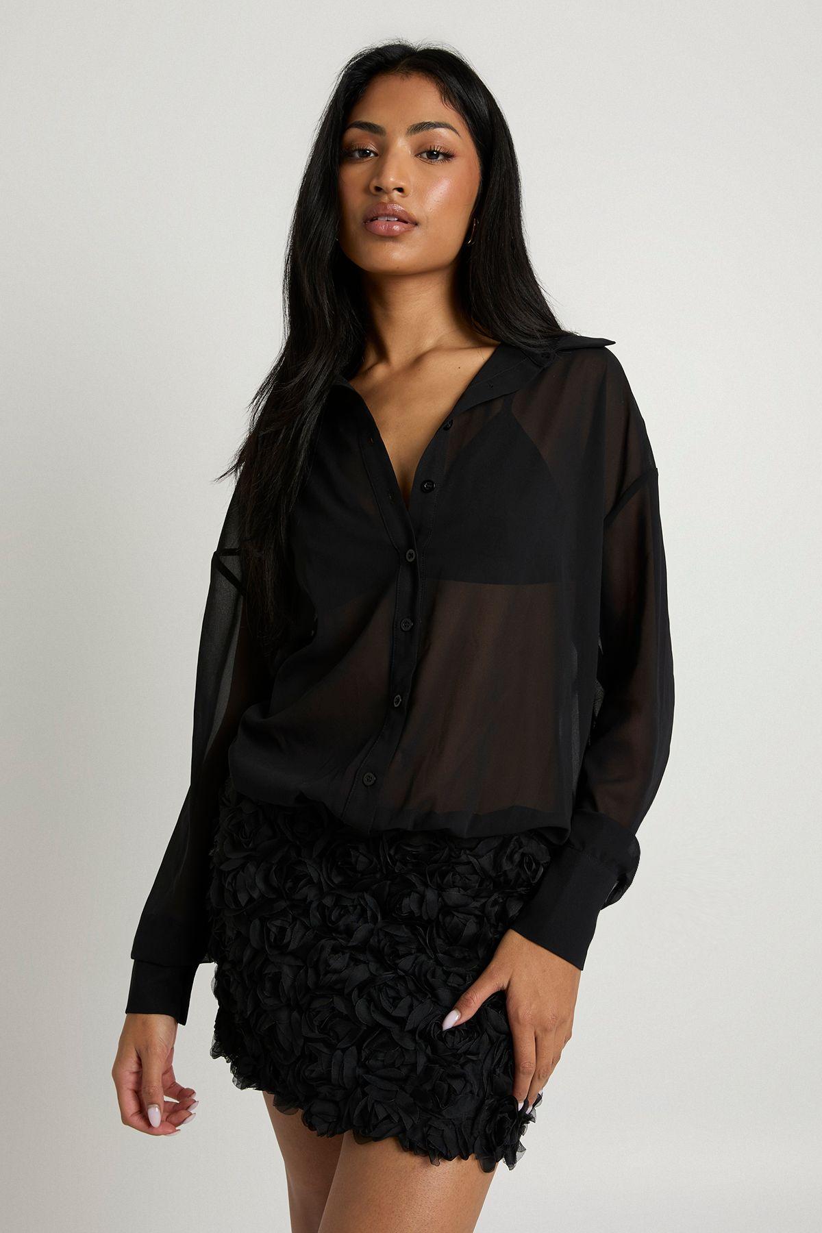 Rose Detail Sheer Shirt Dress by BOOHOO