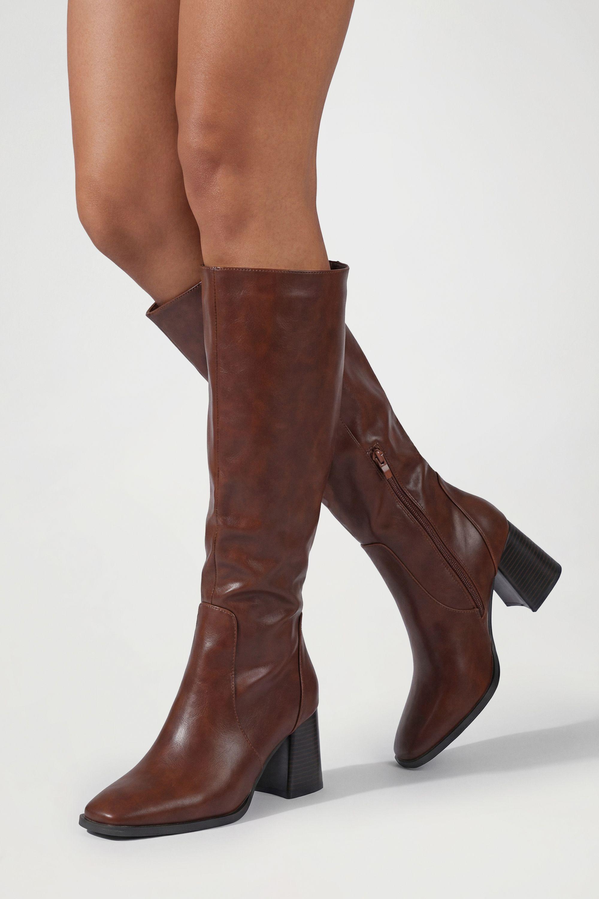Round Toe Block Heel Knee High Boots by BOOHOO