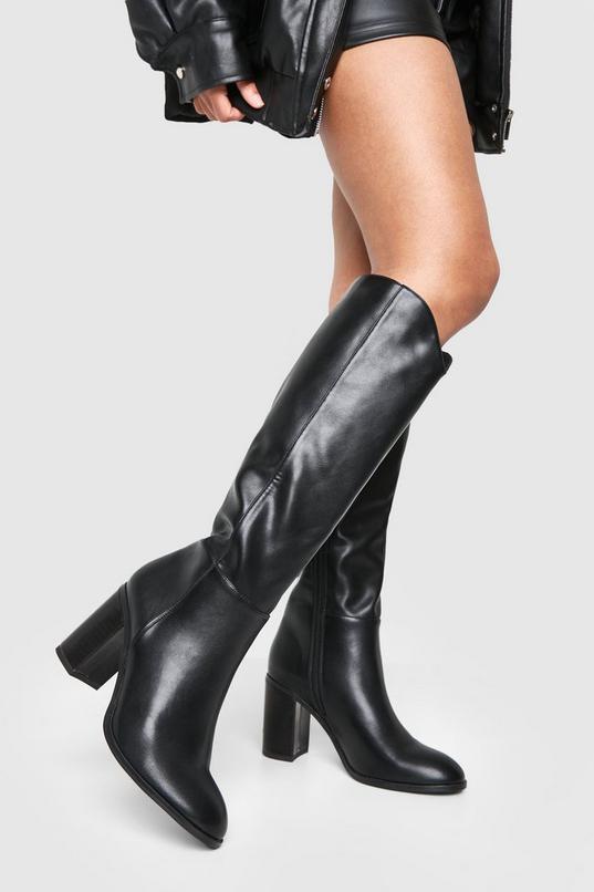 Round Toe Wooden Stack Heel Detail Knee High Boots by BOOHOO