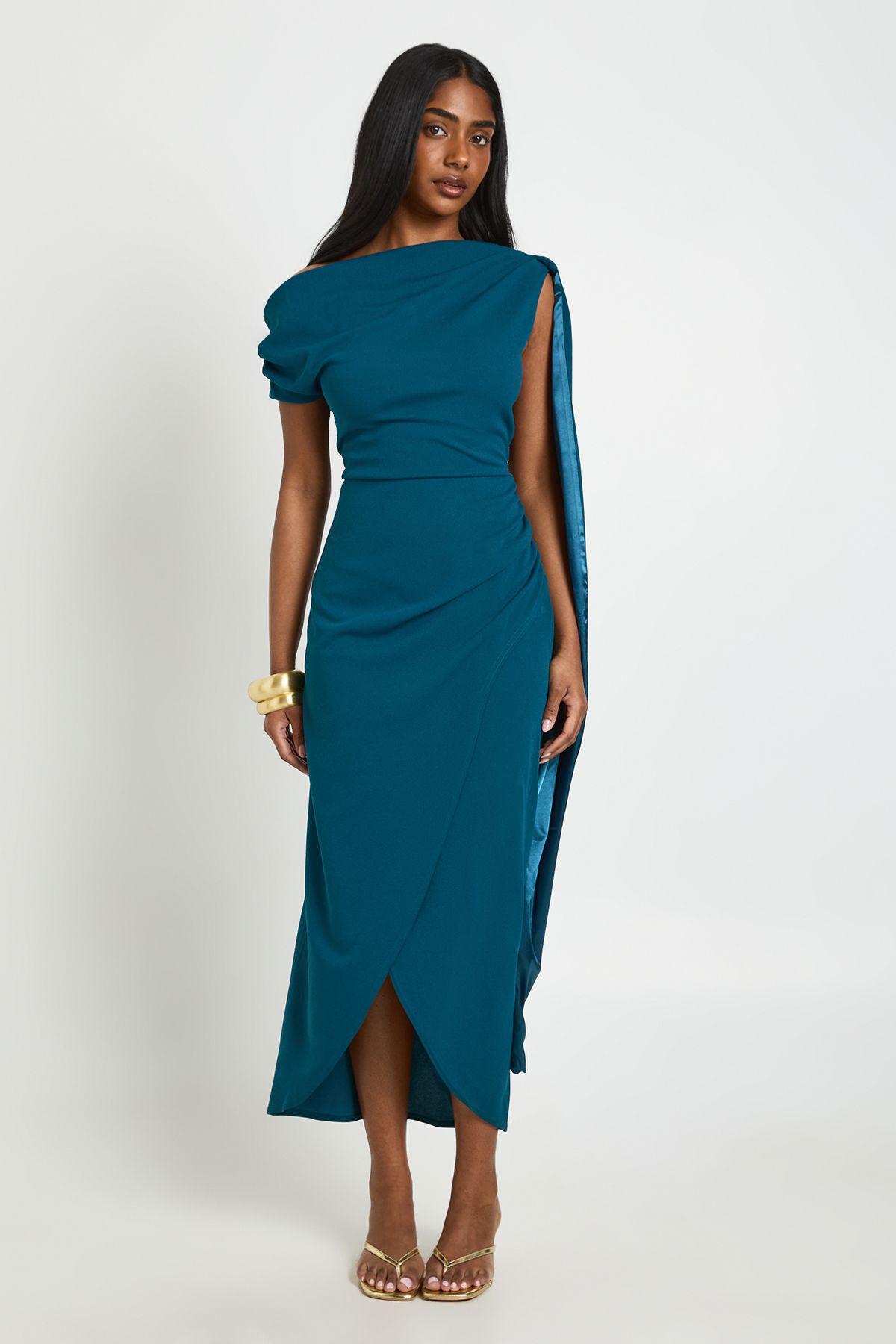 Ruched Asymmetric Drape Detail Midaxi Dress by BOOHOO