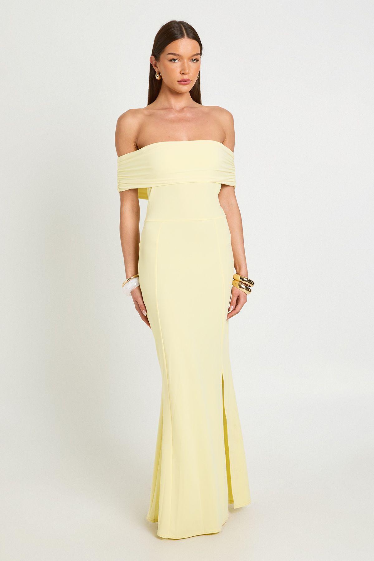 Ruched Bardot Fluid Maxi Dress by BOOHOO