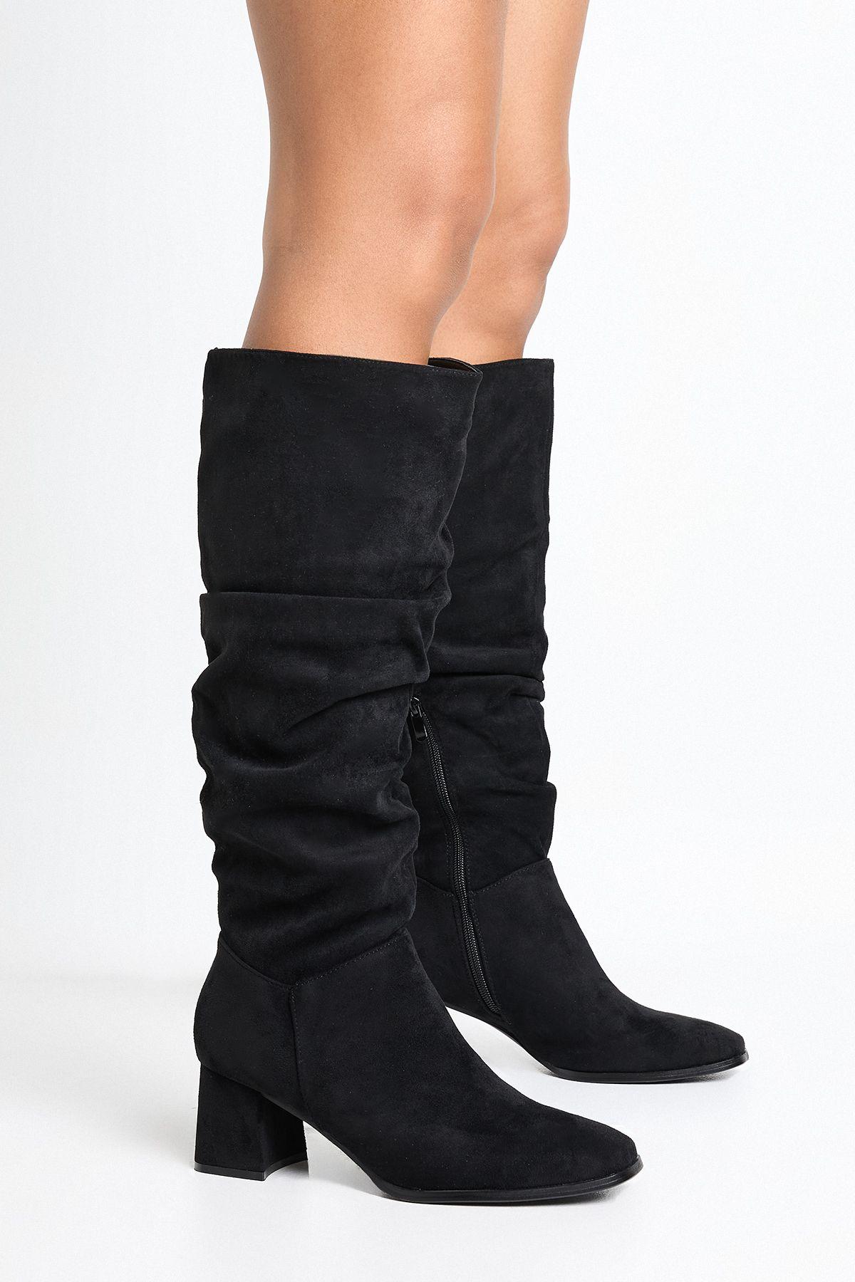 Ruched Block Heel Knee High Boots by BOOHOO