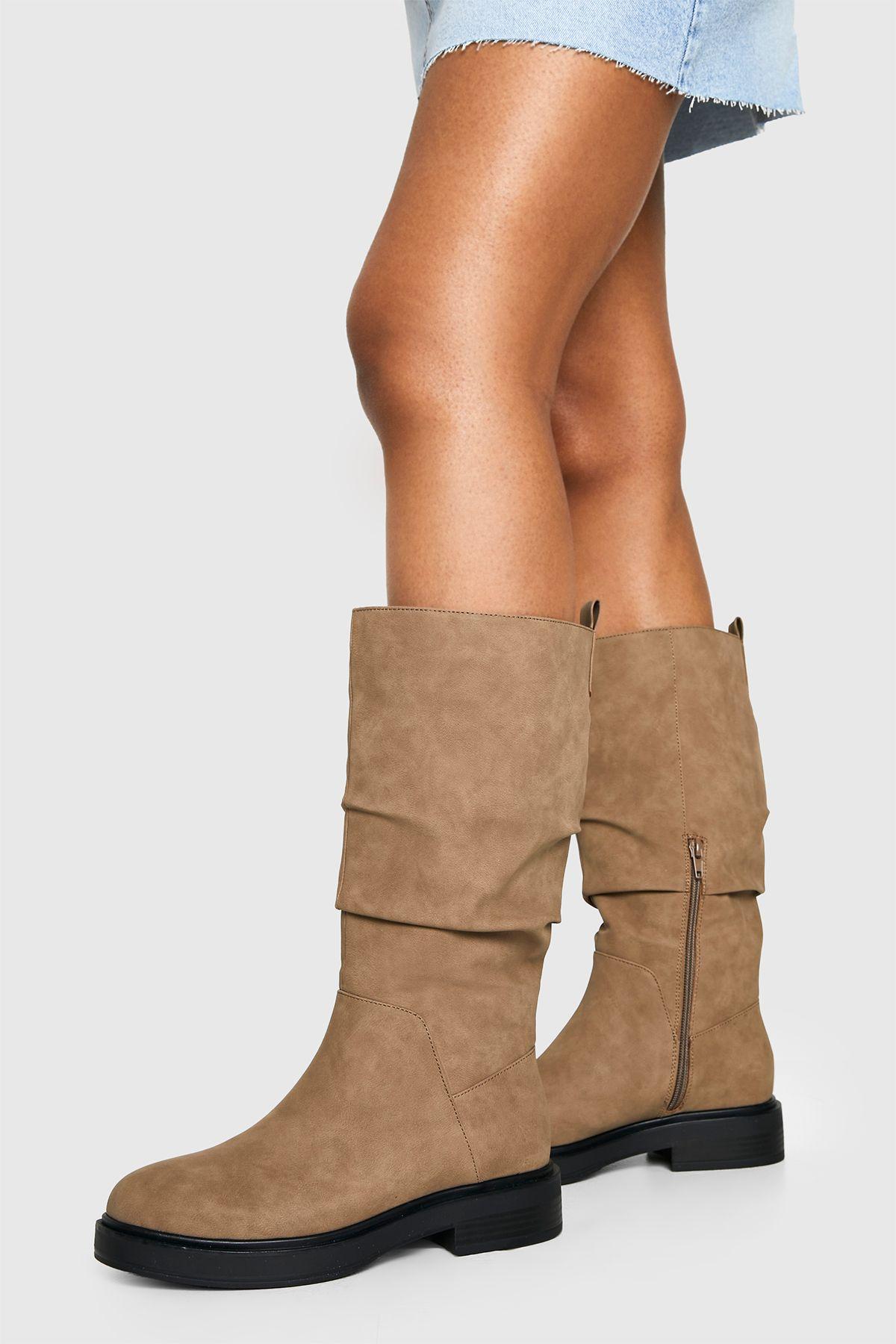 Ruched Calf Height Flat Ankle Boots by BOOHOO
