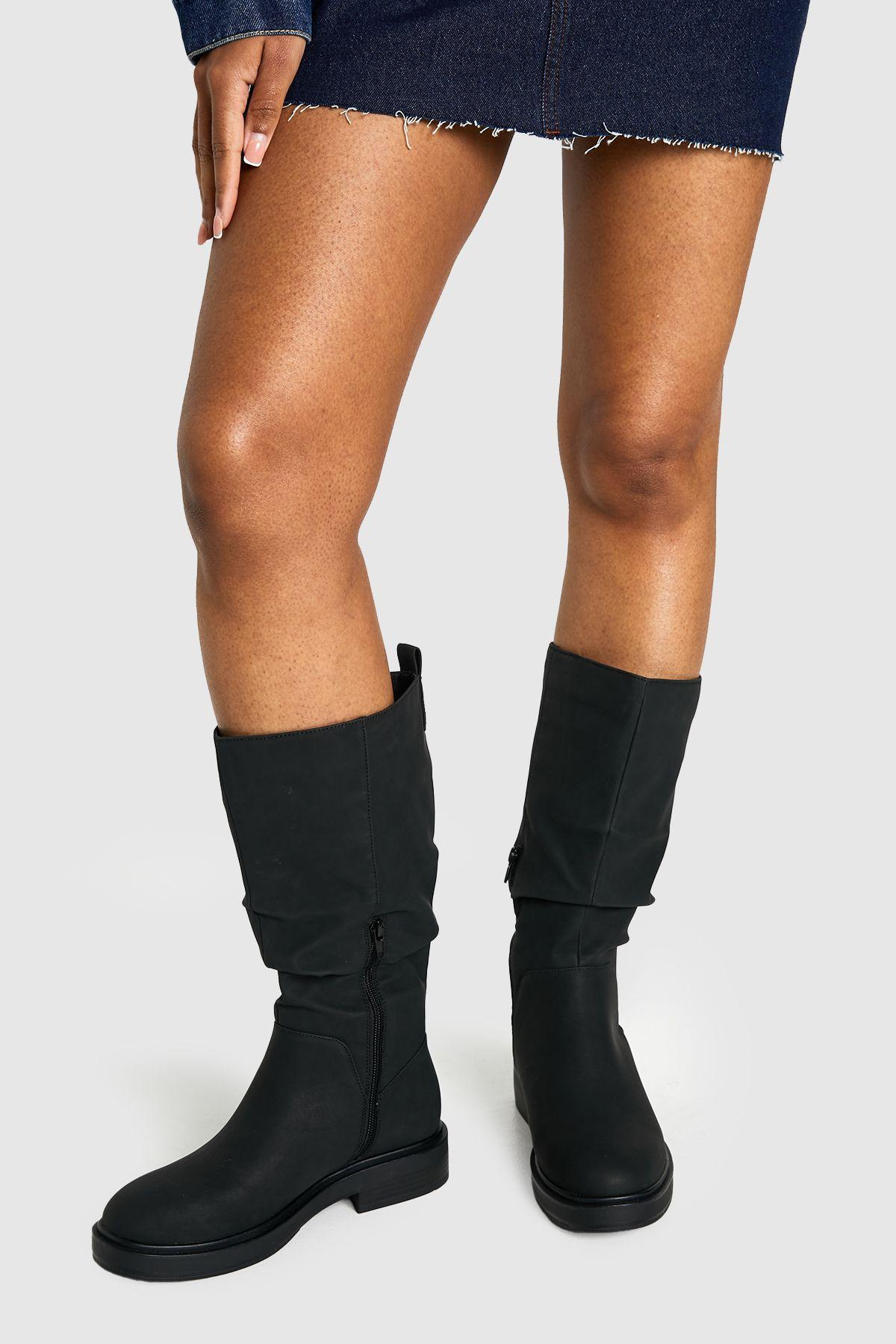 Ruched Calf Height Flat Ankle Boots by BOOHOO