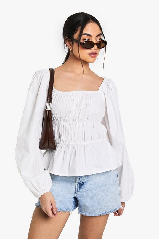 Ruched Cotton Poplin Blouse by BOOHOO