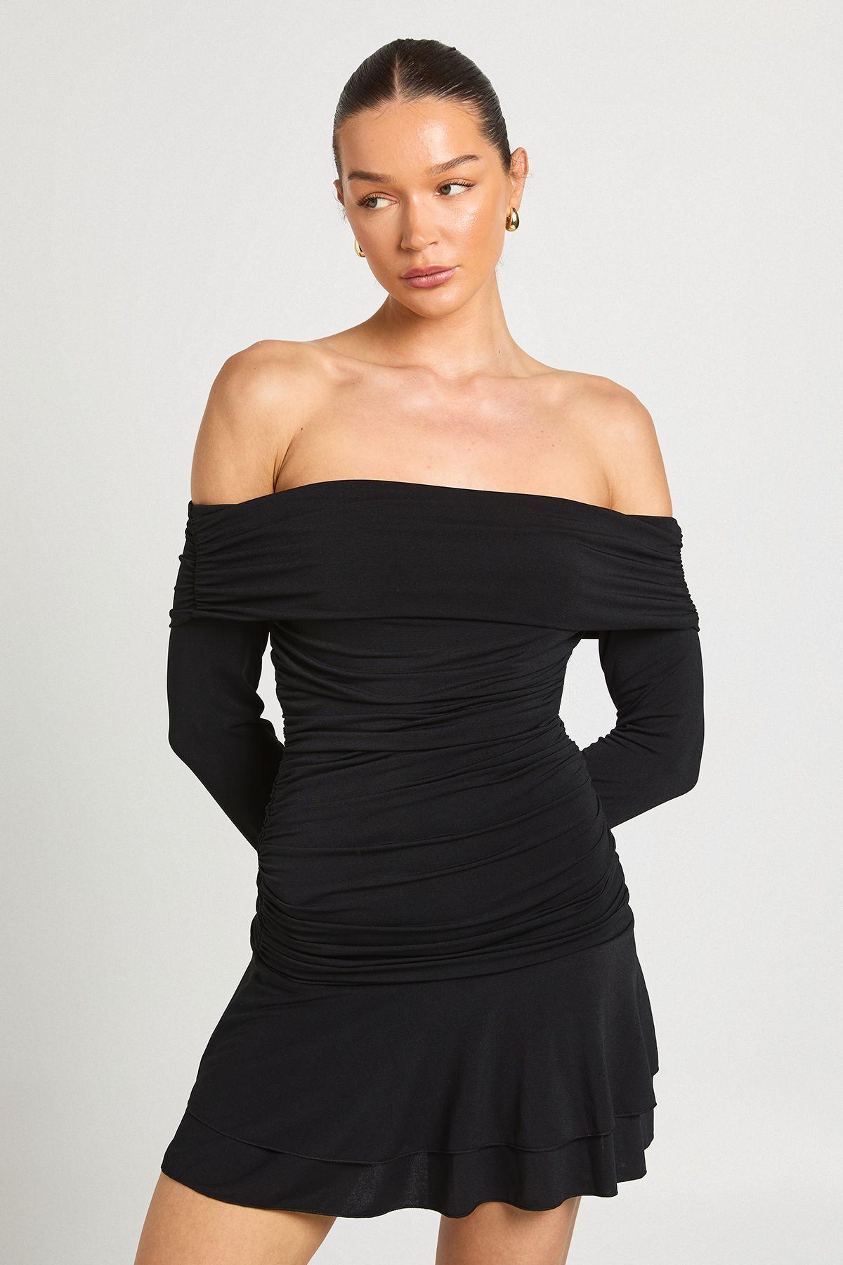 Ruched Detail Drop Hem Mini Skirt by BOOHOO