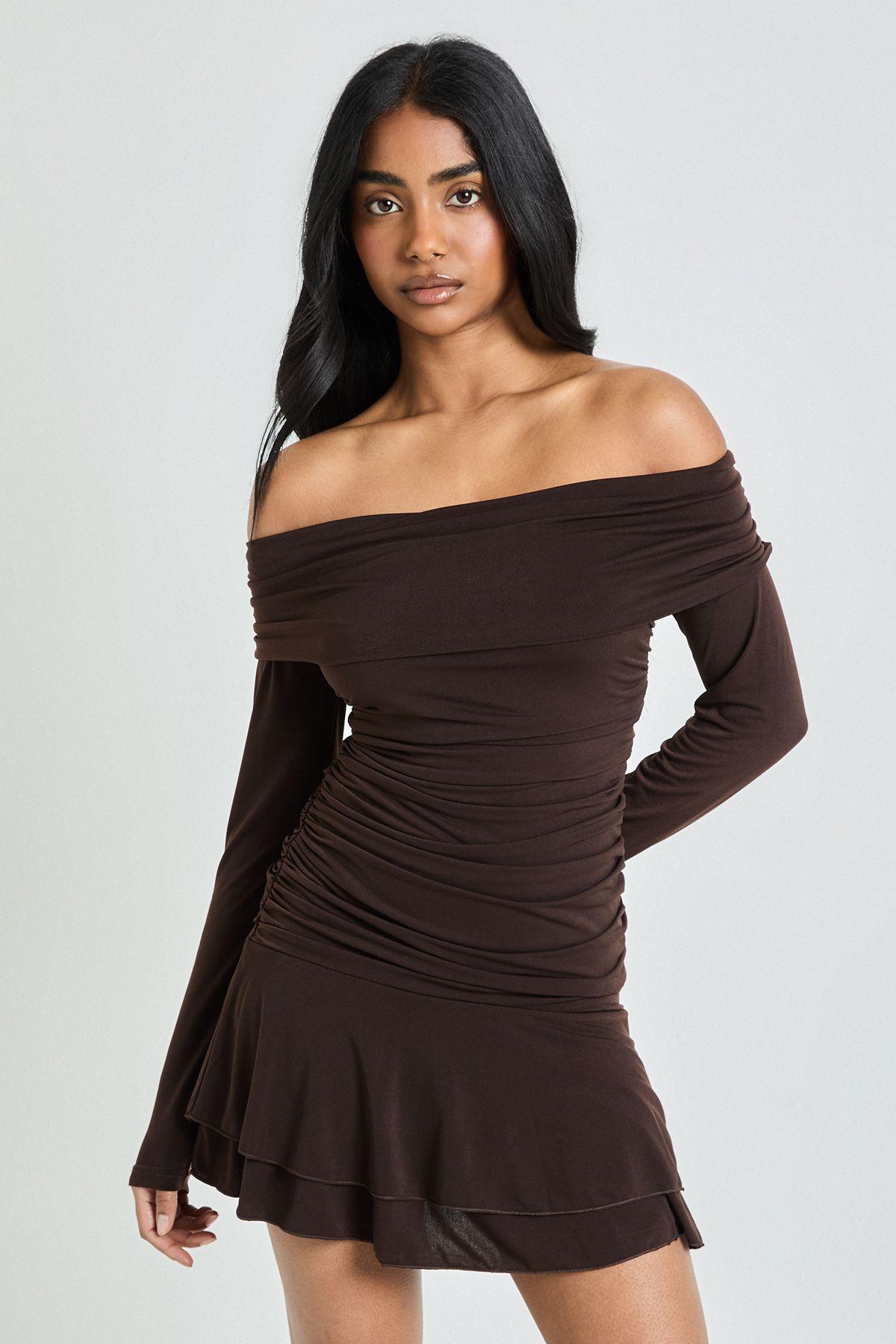 Ruched Detail Drop Hem Mini Skirt by BOOHOO