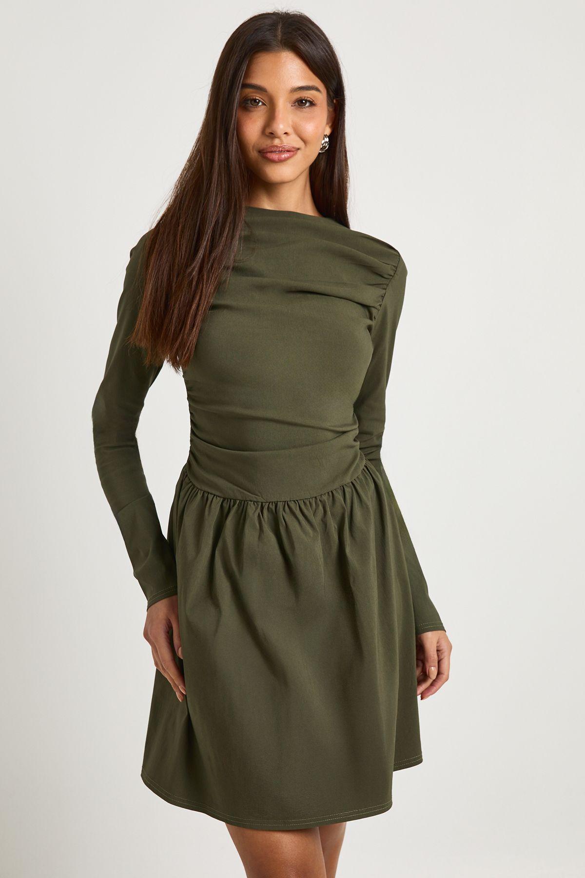 Ruched Drop Waist Long Sleeve Mini Dress by BOOHOO
