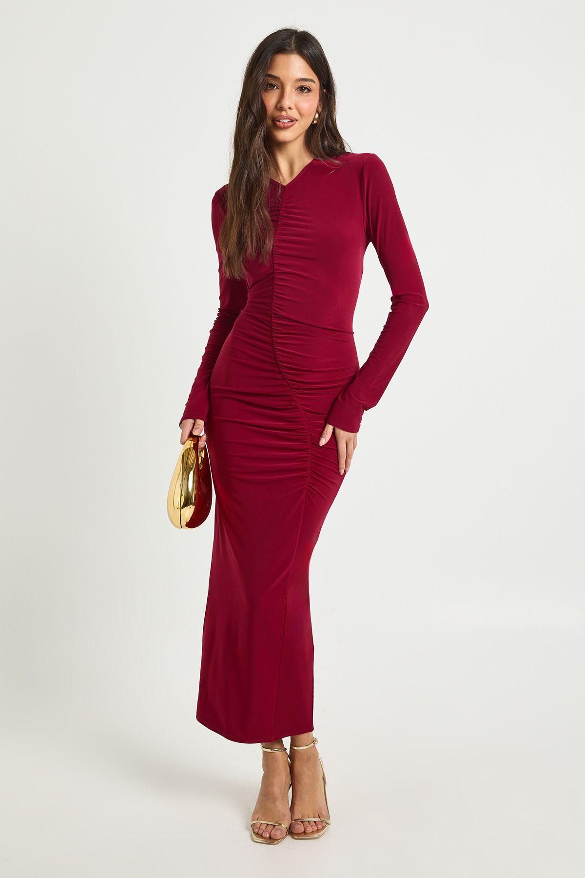 Ruched Long Sleeve Midaxi Dress by BOOHOO